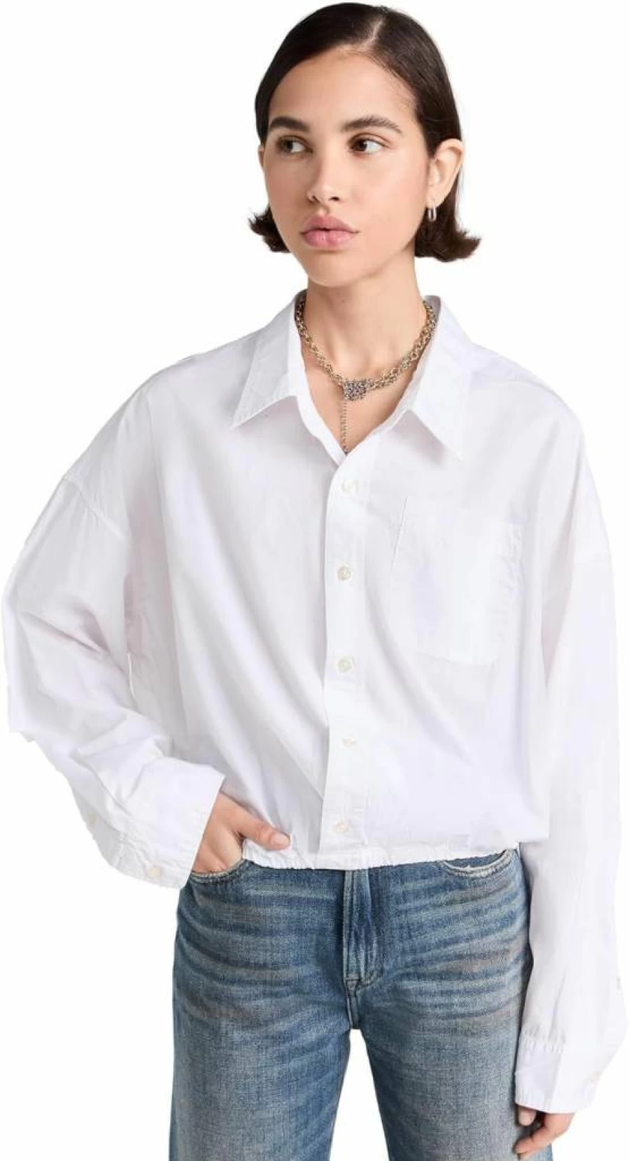 R13 Women's Distressed Denim Crossover Bubble Hem Top