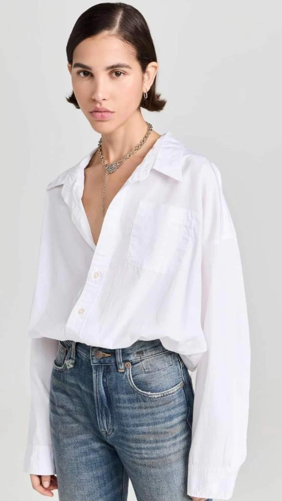 R13 Women's Distressed Denim Crossover Bubble Hem Top