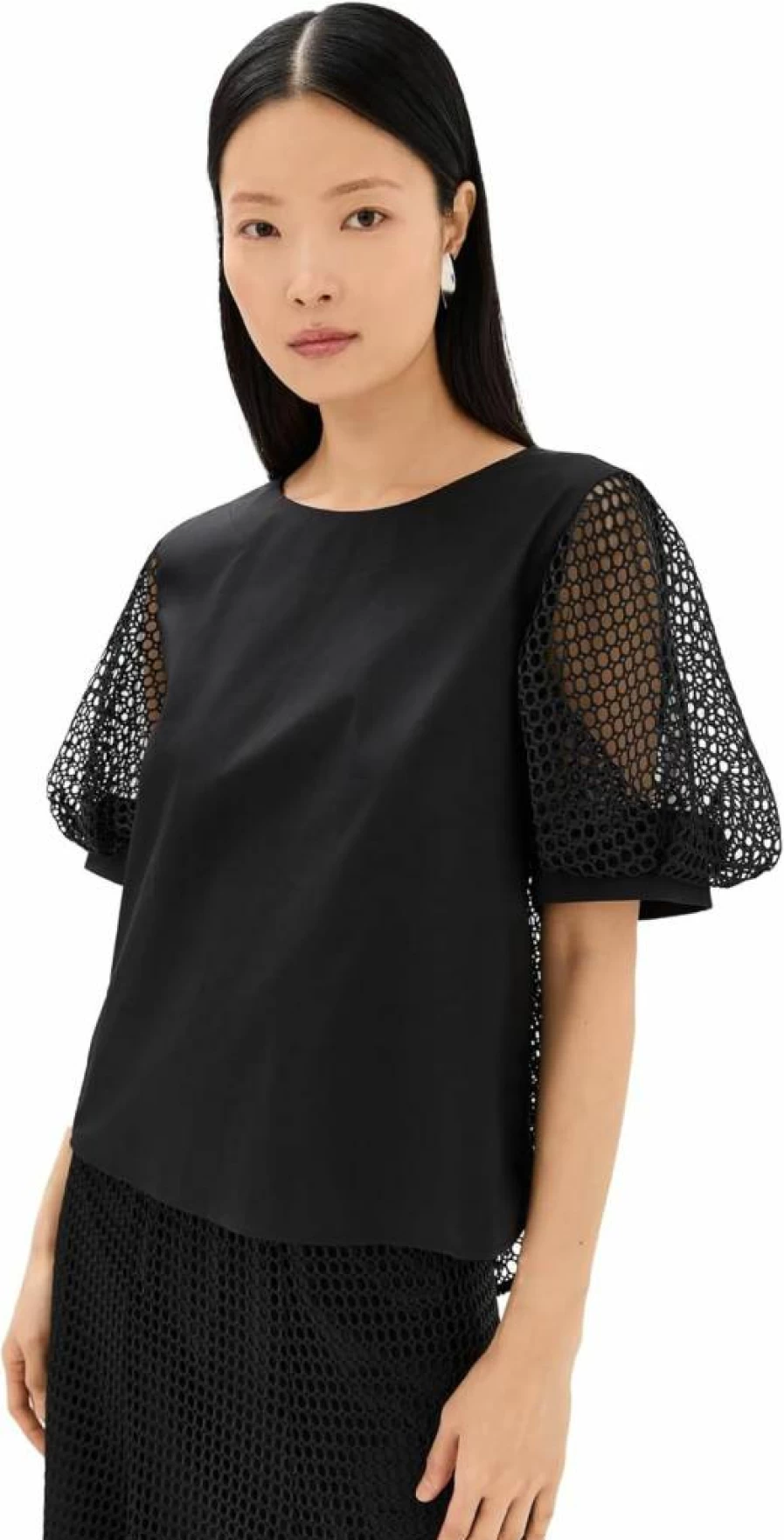 MEIMEIJ Women's Stylish Half Sleeve Net Top with Poplin Front for Casual Wear