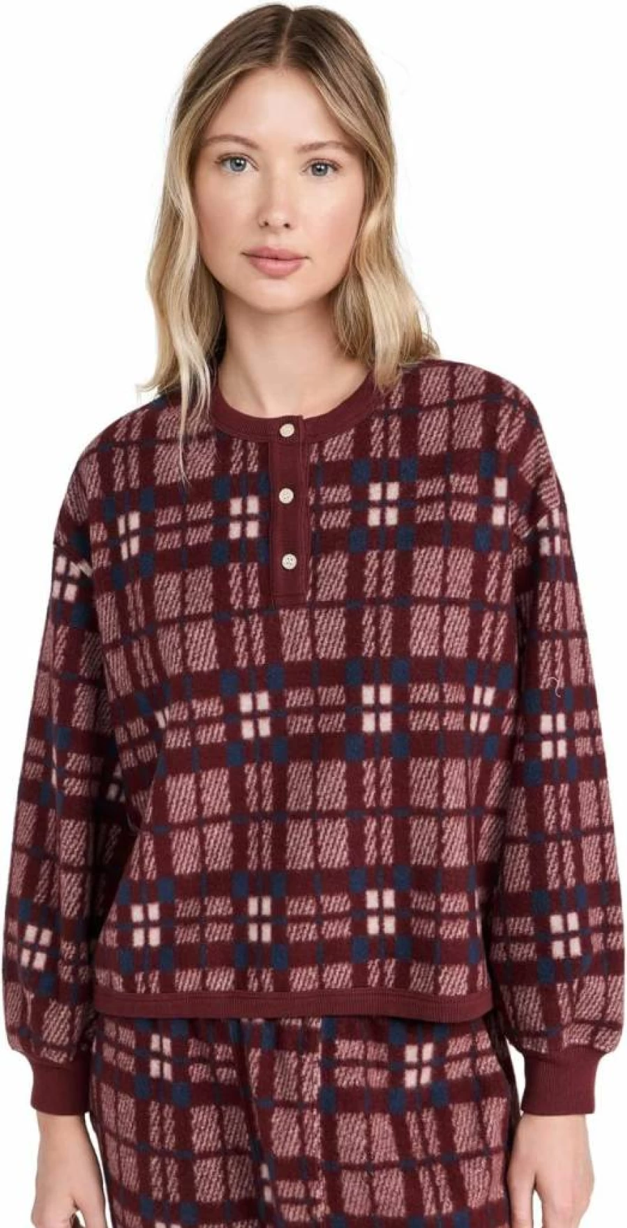 THE GREAT Women's Plush Fleece Henley Neck Sleep Sweatshirt - Cozy Loungewear Top