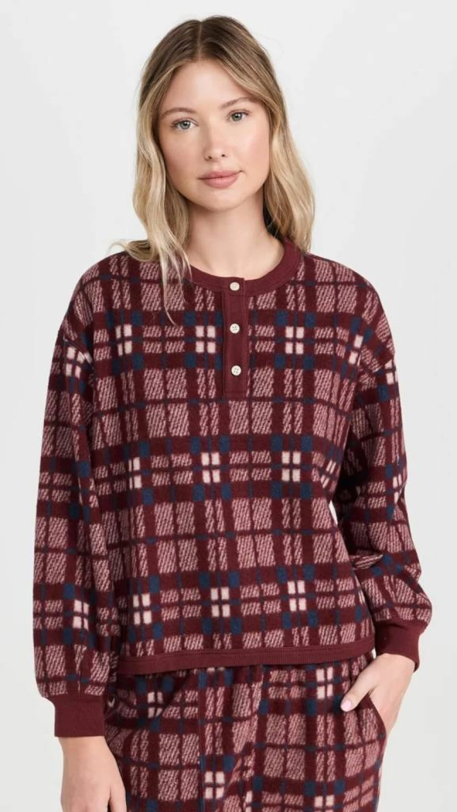 THE GREAT Women's Plush Fleece Henley Neck Sleep Sweatshirt - Cozy Loungewear Top
