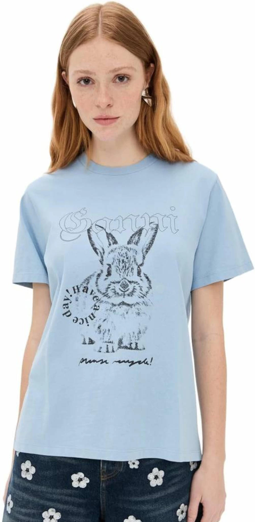 Ganni Women's Relaxed Fit Bunny Print Jersey T-Shirt | Basic Casual Tee