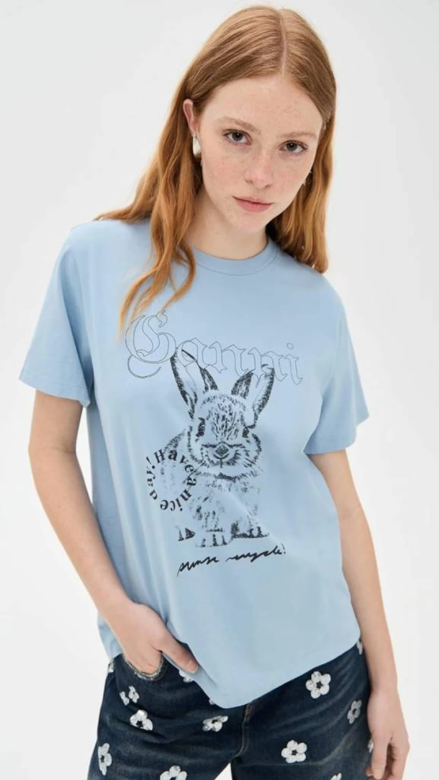 Ganni Women's Relaxed Fit Bunny Print Jersey T-Shirt | Basic Casual Tee