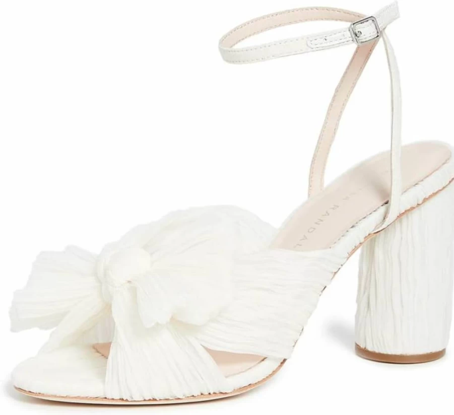 Loeffler Randall Women's Camellia Pleated Bow Heel Sandals with Ankle Strap - Pearl Off White, Size 8 Medium US