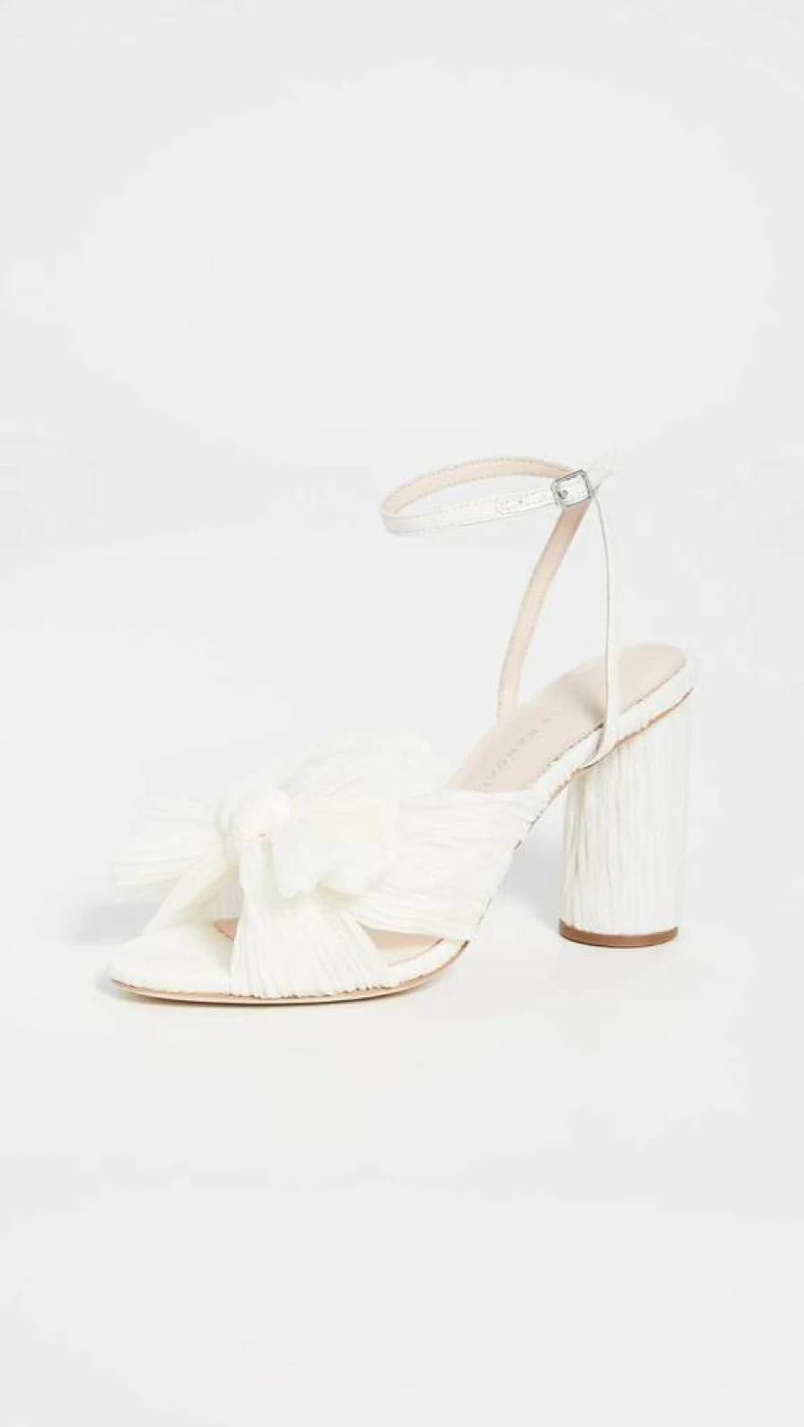Loeffler Randall Women's Camellia Pleated Bow Heel Sandals with Ankle Strap - Pearl Off White, Size 8 Medium US