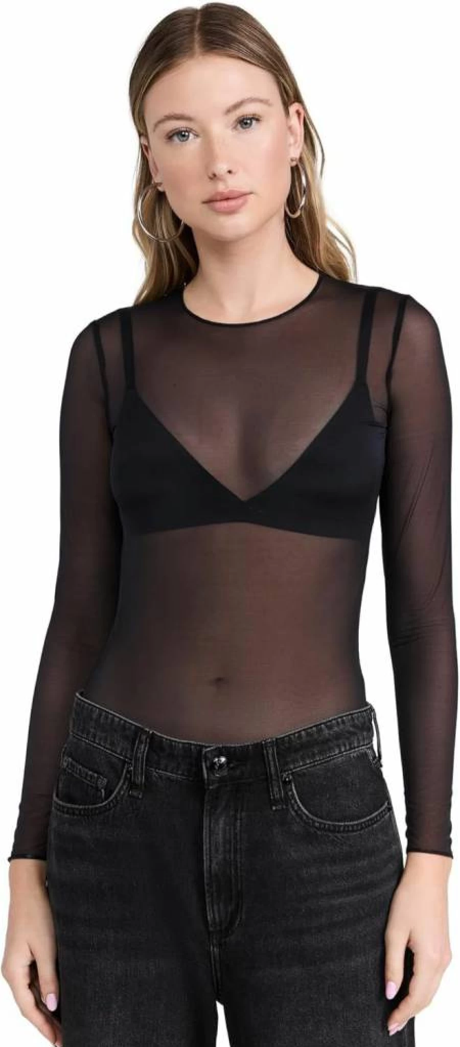Commando Women's Chic Mesh Bodysuit - Long Sleeve Crew Neck Thong Lingerie