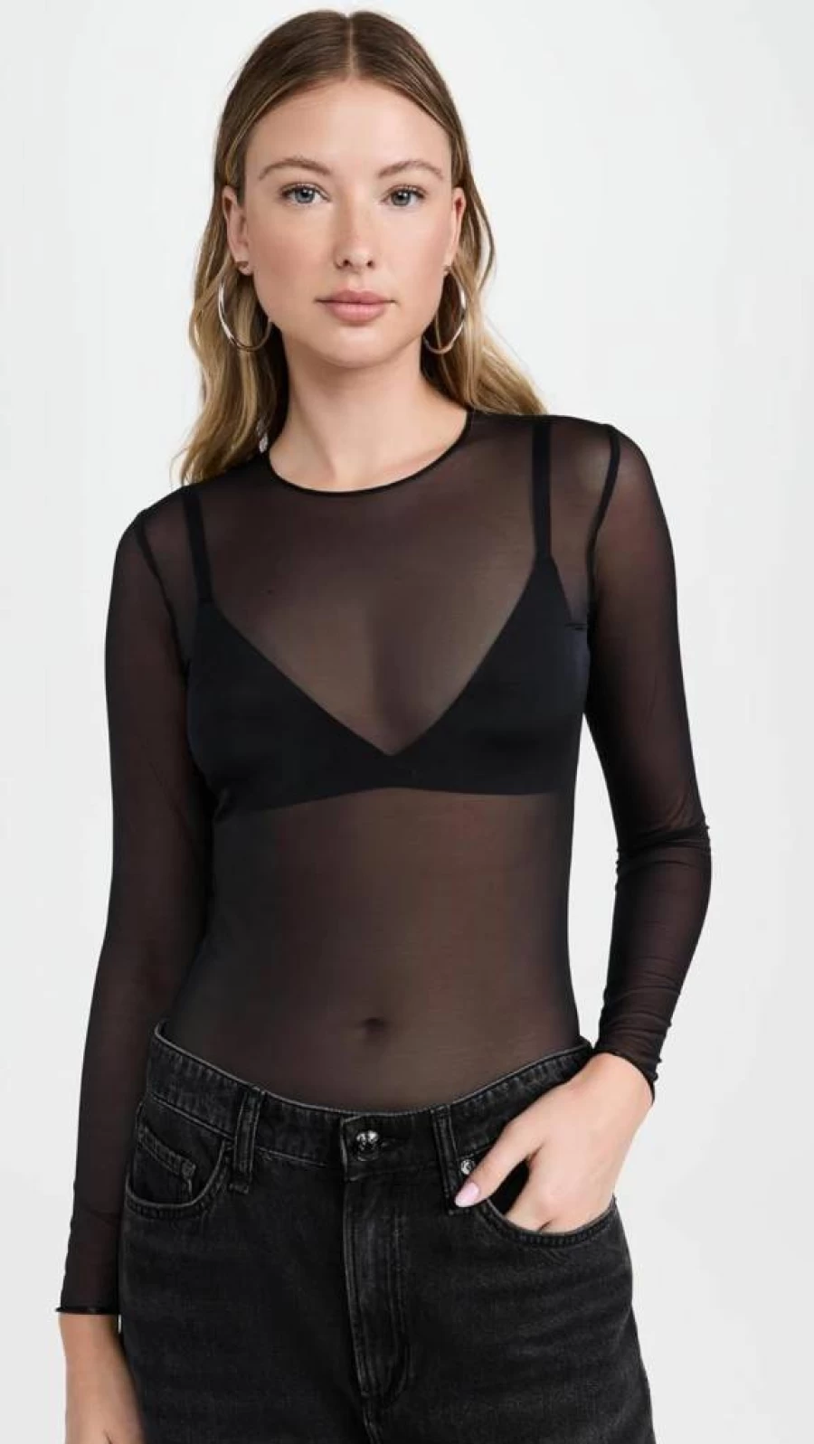 Commando Women's Chic Mesh Bodysuit - Long Sleeve Crew Neck Thong Lingerie