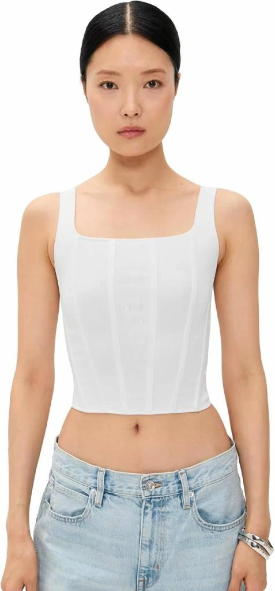 alice + olivia Women's Sariah Corset Top - Stretch Satin Bustier Cami with Lace Trim