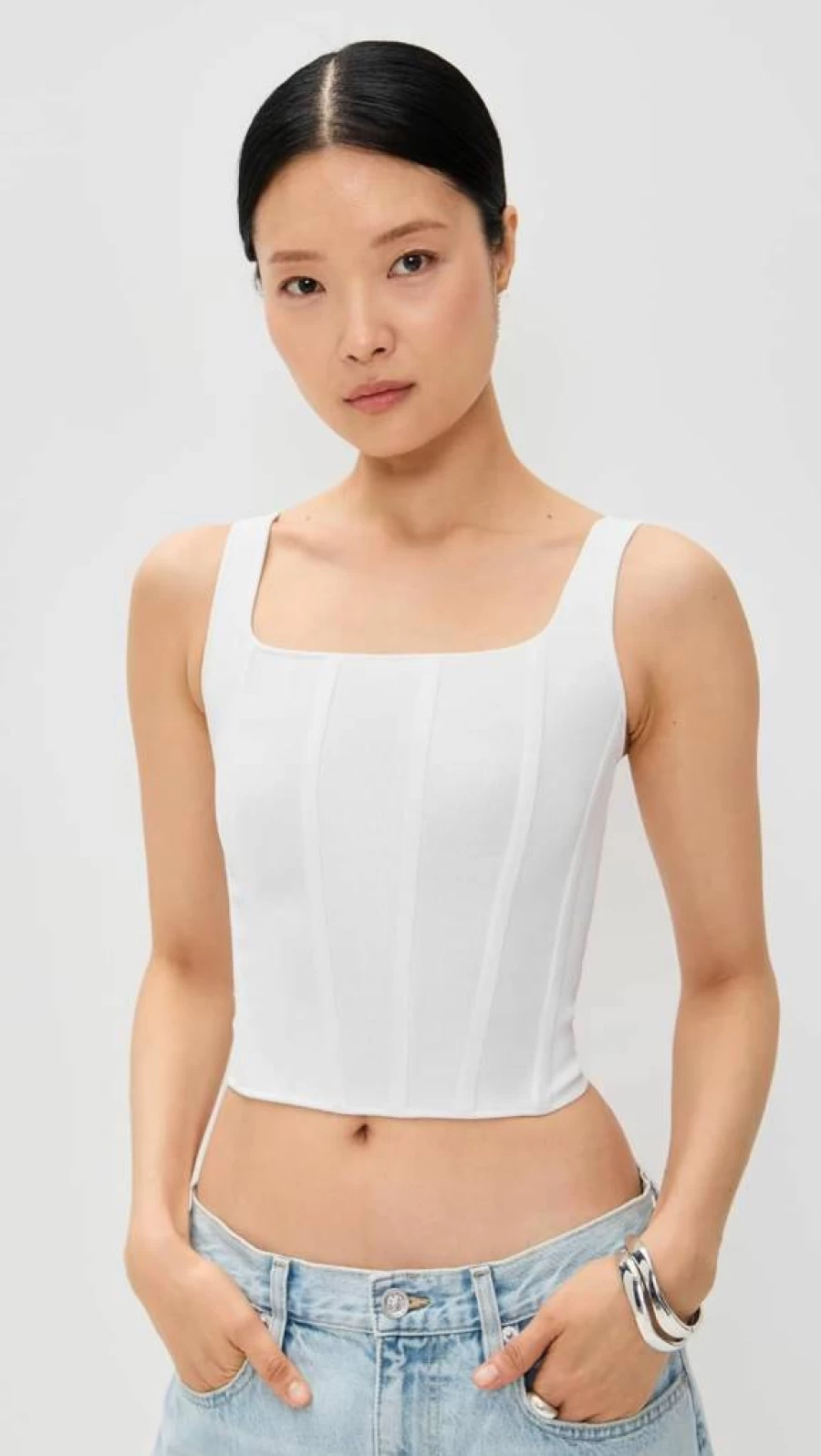 alice + olivia Women's Sariah Corset Top - Stretch Satin Bustier Cami with Lace Trim