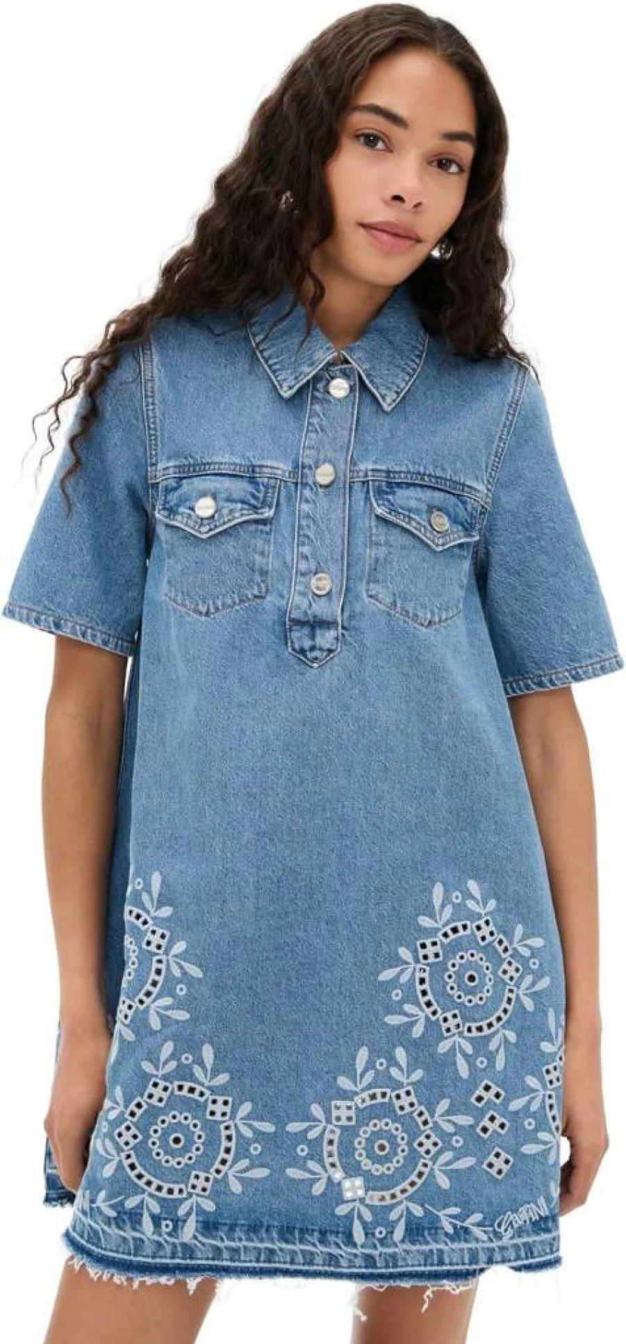 Ganni Women's Broderie Anglaise Denim Mini Dress - Floral Embroidered Short Denim Dress