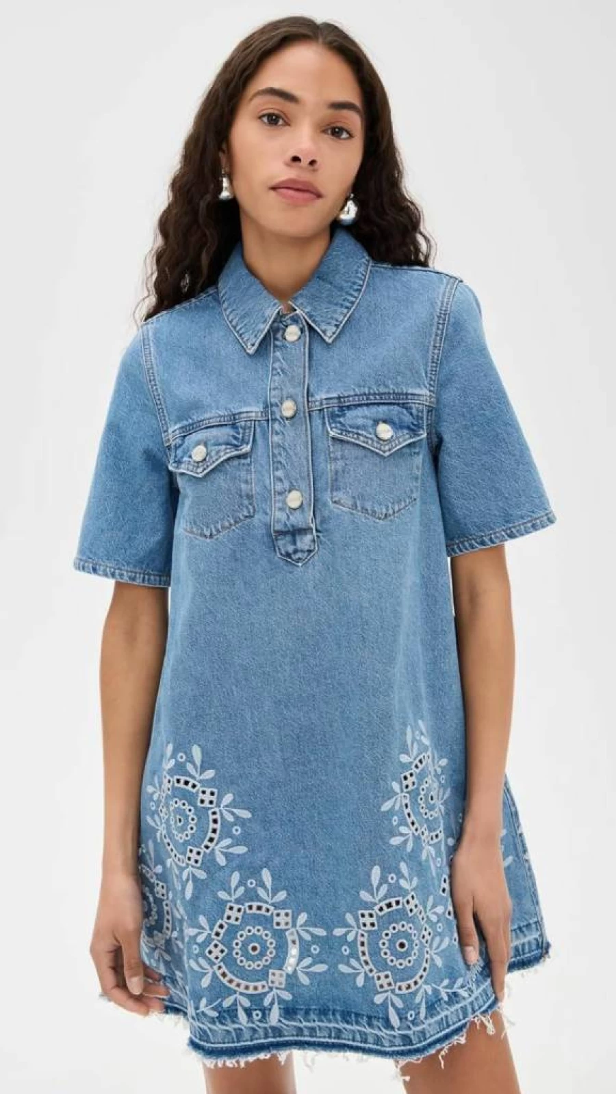 Ganni Women's Broderie Anglaise Denim Mini Dress - Floral Embroidered Short Denim Dress