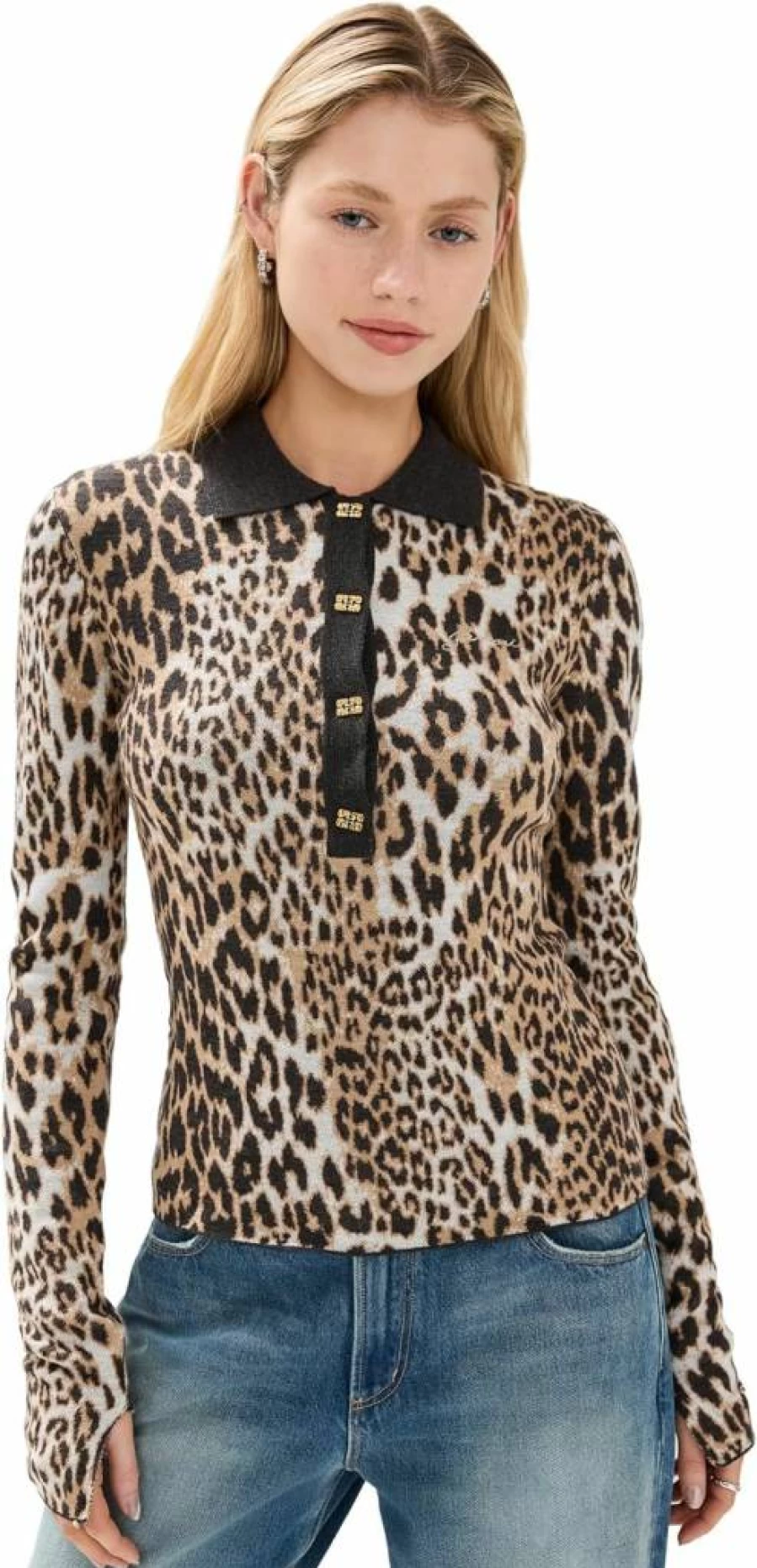 Ganni Women's Fine Merino Wool Leopard Print Jacquard Polo Shirt