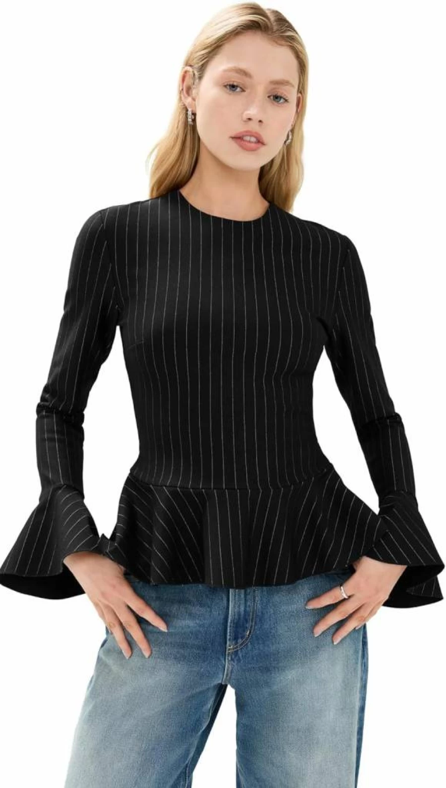 Ganni Women's Striped Peplum Blouse - Slim Fit Jersey Top