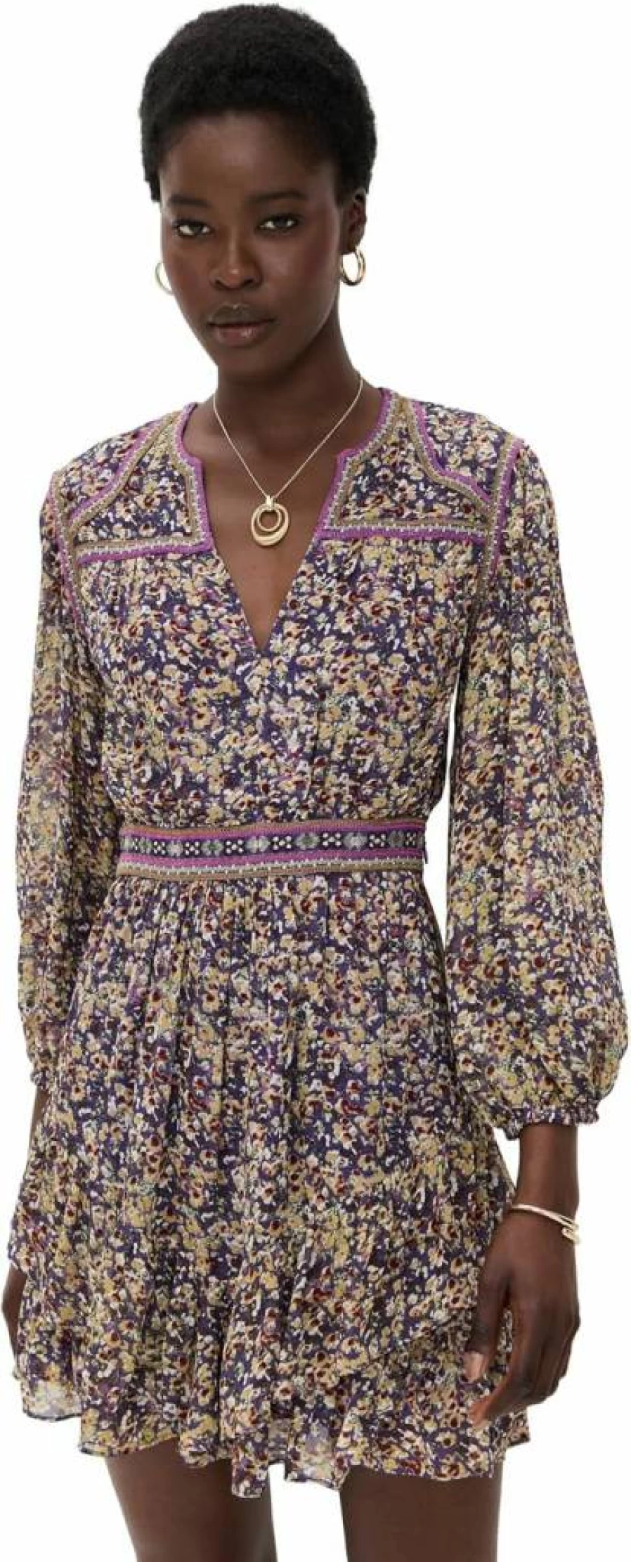 ba&sh Women's Loly Floral Summer Dress - Elegant Short Sleeve A-Line Outfit