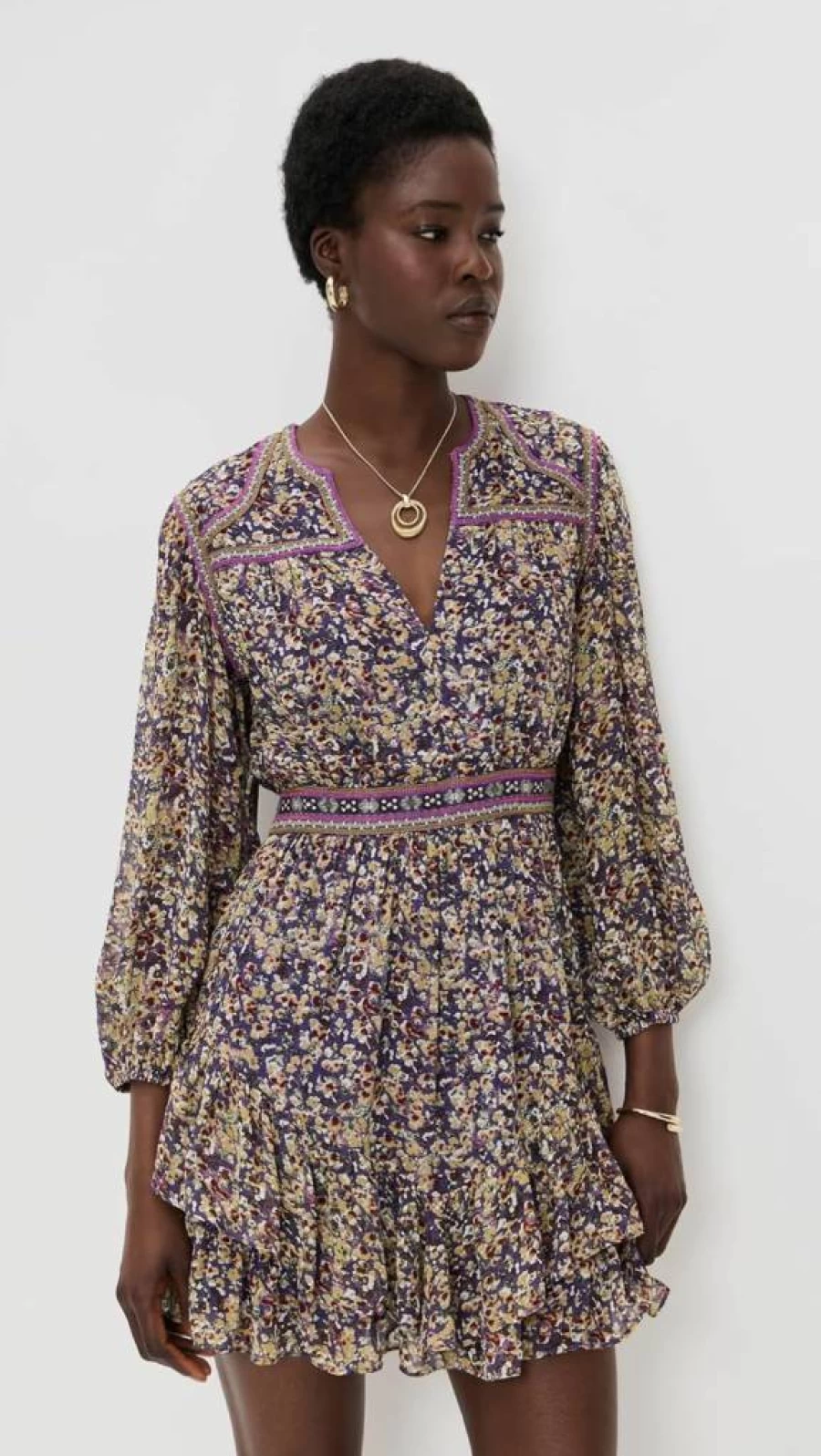 ba&sh Women's Loly Floral Summer Dress - Elegant Short Sleeve A-Line Outfit