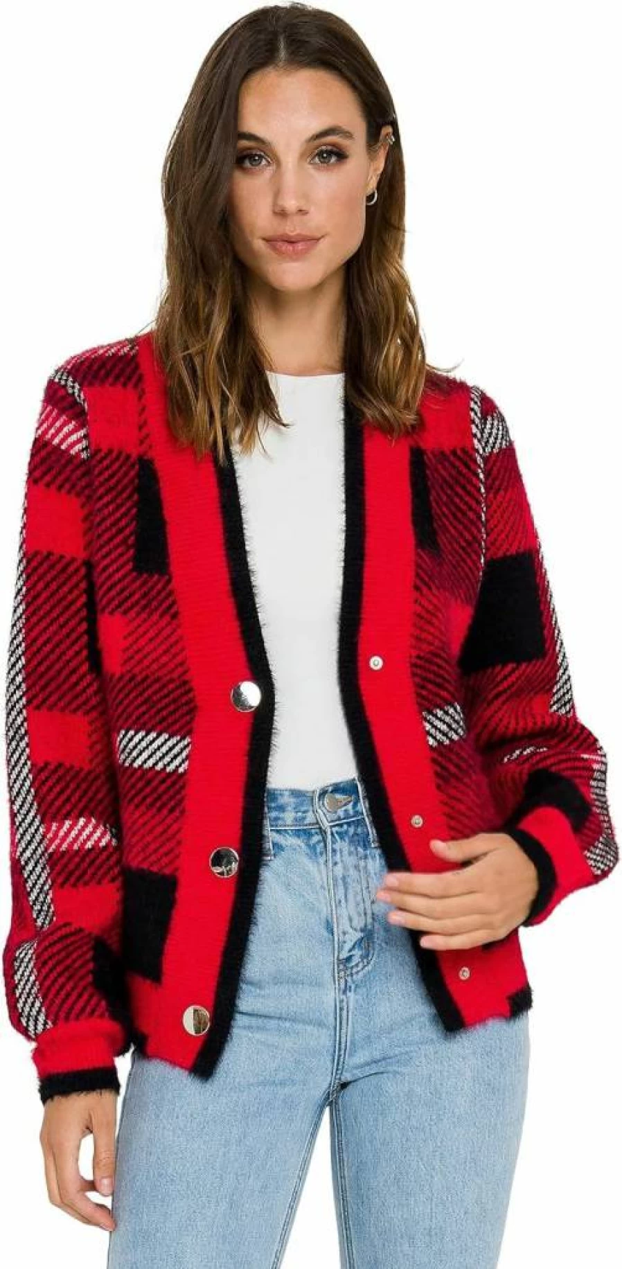 English Factory Women's Classic Plaid Button-Up Cardigan Sweater