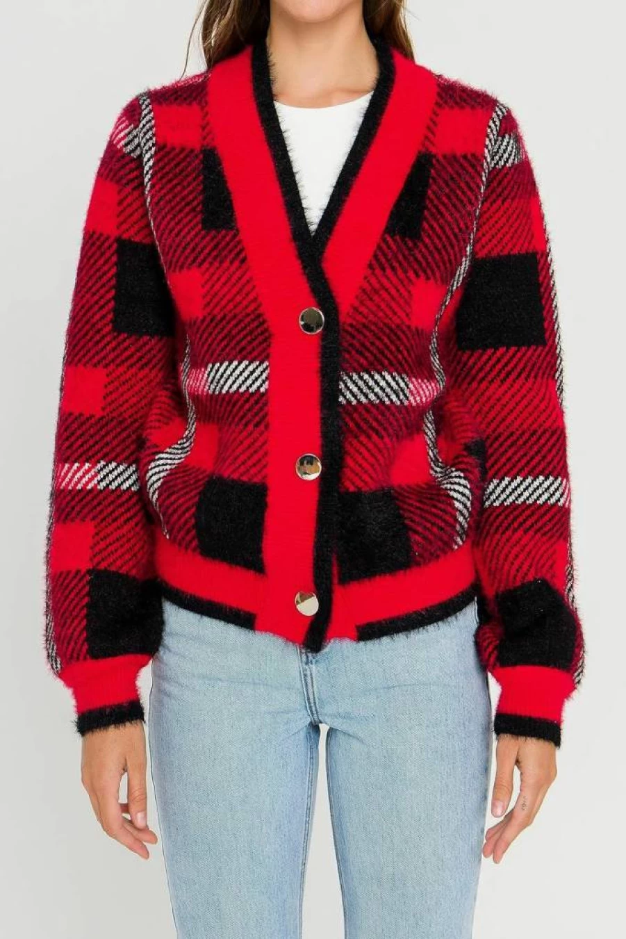 English Factory Women's Classic Plaid Button-Up Cardigan Sweater
