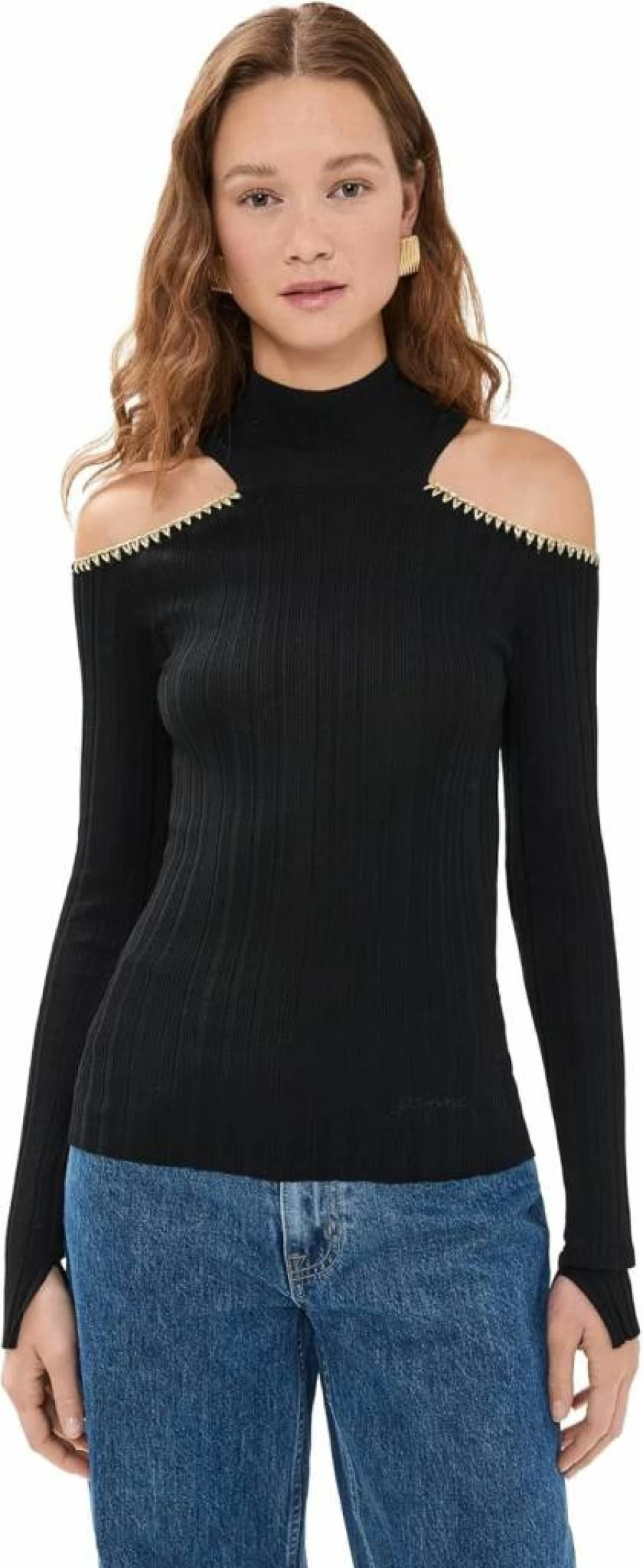 Ganni Women's Lightweight Viscose Open Shoulder Ribbed Blouse