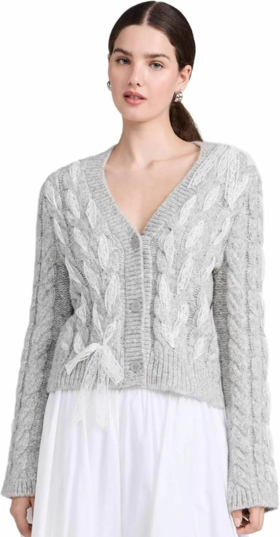 LOVESHACKFANCY Women's Louella Knit Cardigan Sweater Feminine Lace Trim Casual Chic