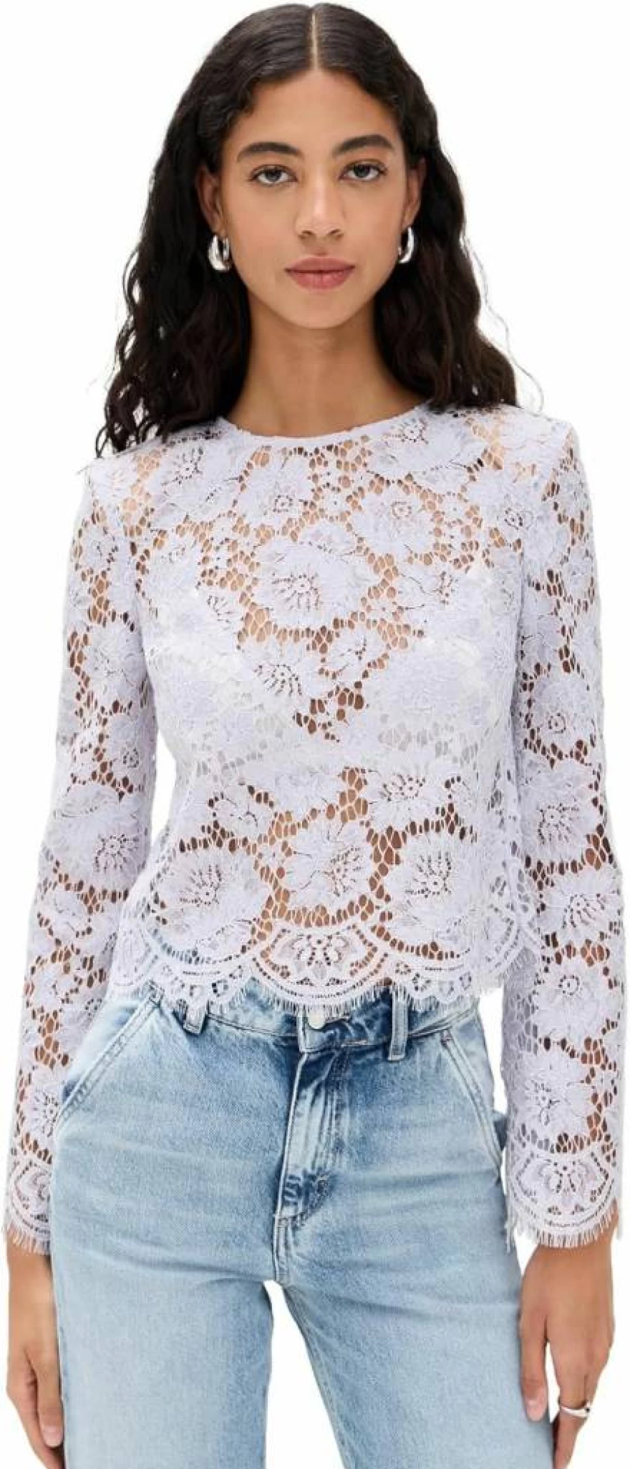 Self Portrait Lilac Lace Fluted Sleeve Top for Women - Elegant Floral Blouse