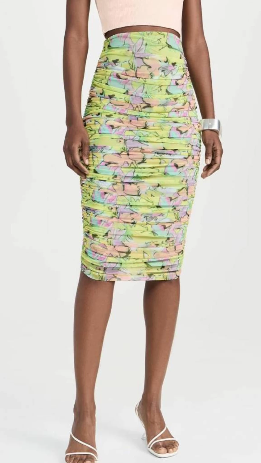 BruceGlen Women's Floral Print Mesh Bodycon Pencil Skirt with Ruched Detail