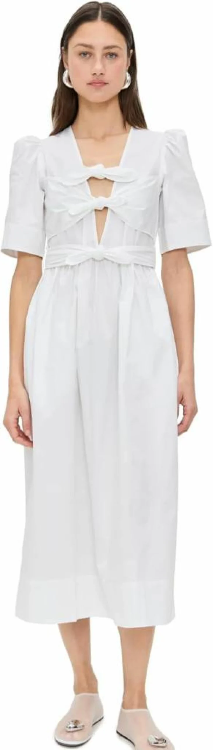 Ganni Women's Stretch Cotton Midi Dress with Tie Strap - Washed Soft Comfort Fit
