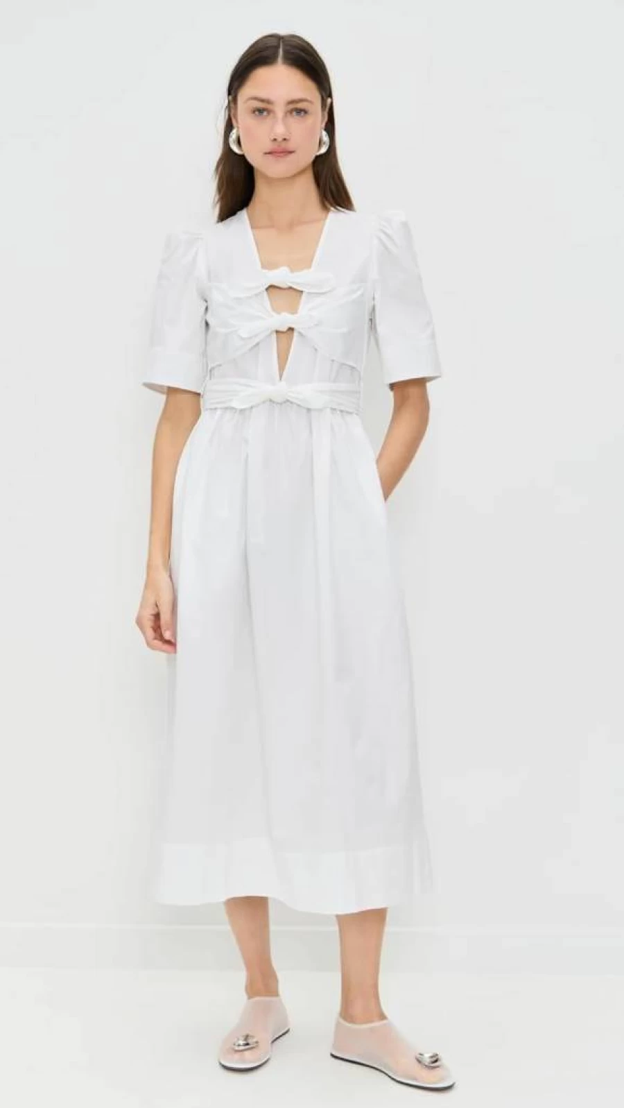 Ganni Women's Stretch Cotton Midi Dress with Tie Strap - Washed Soft Comfort Fit