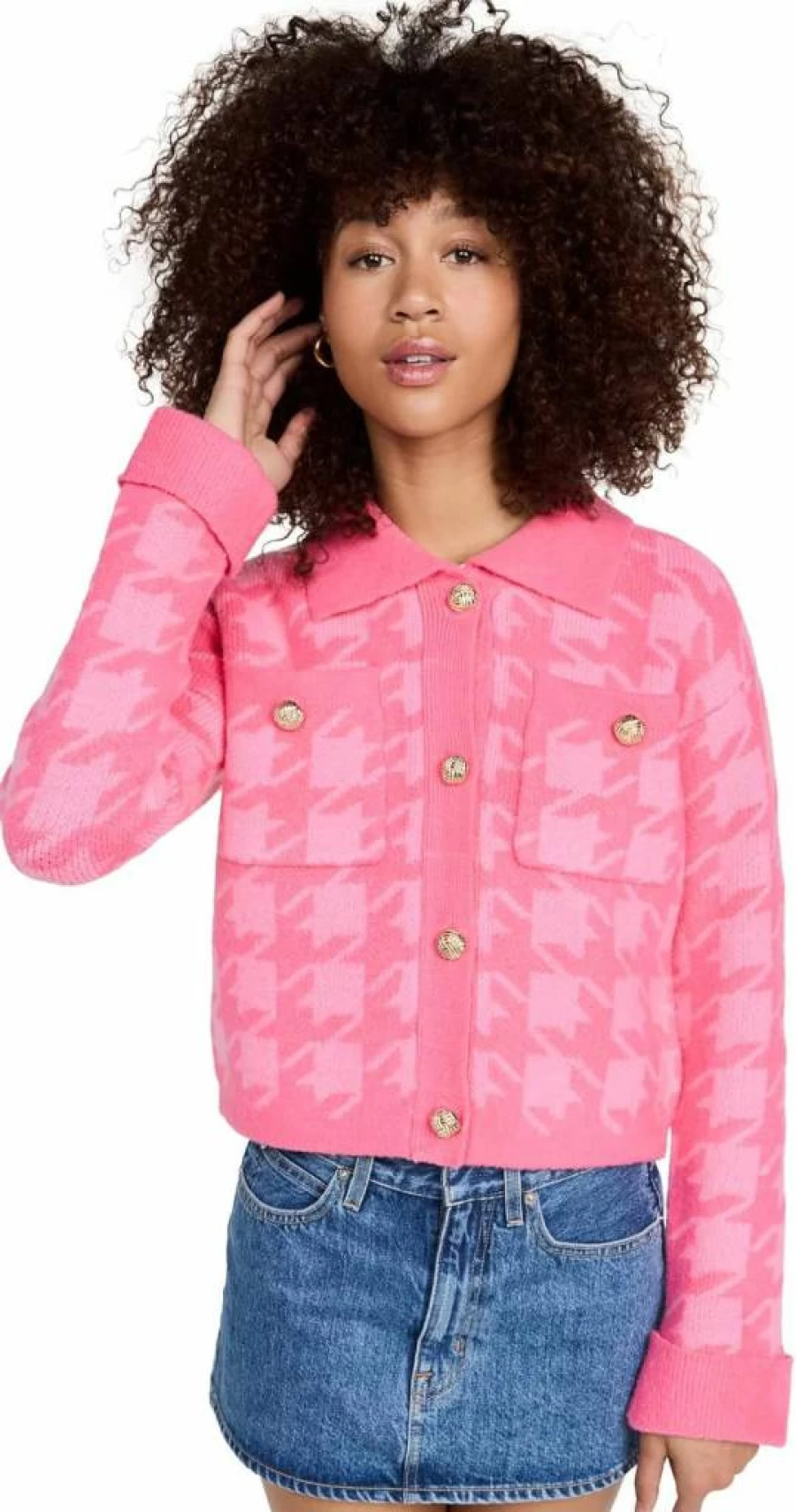 English Factory Women's Houndstooth Knit Cardigan Sweater Classic British Style