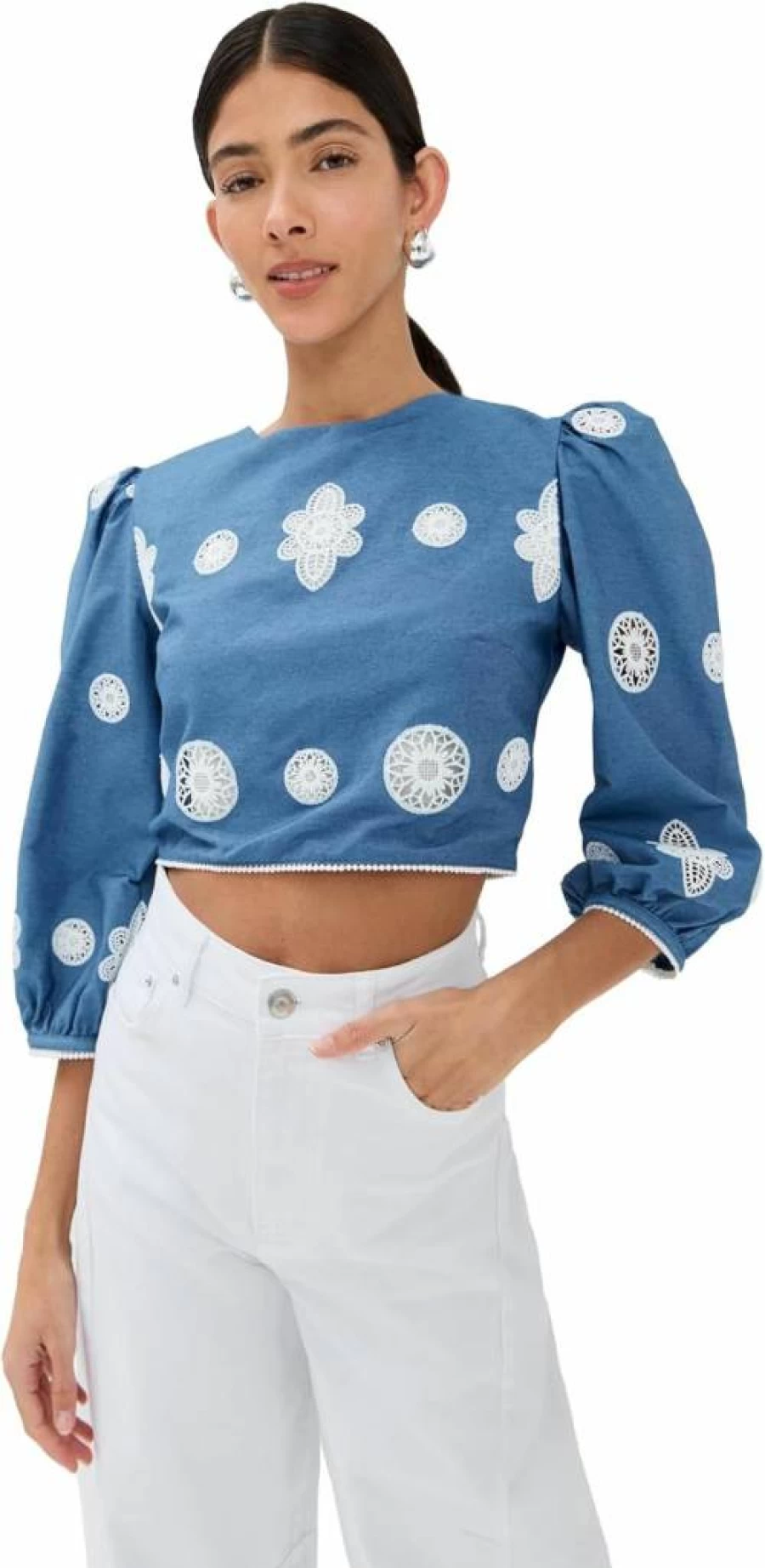 Borgo de Nor Women's Alfie Denim Lace Top – Stylish Feminine Blouse
