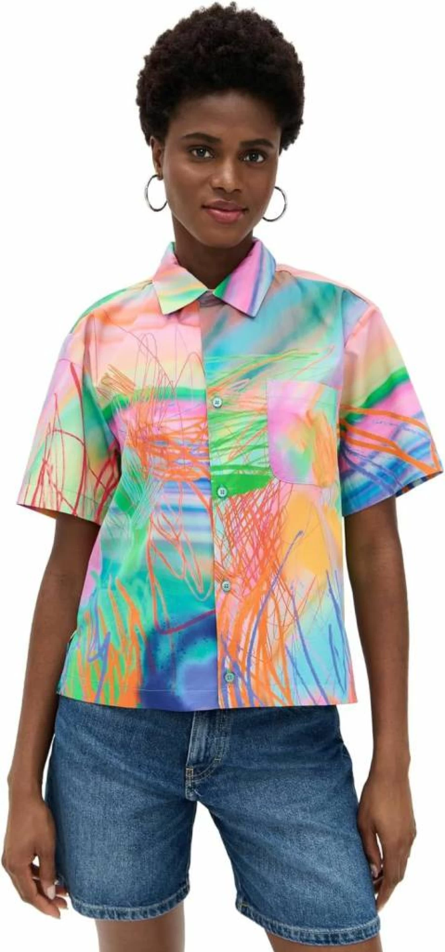 BruceGlen Women's Colorful Rainbow Scribble Print Cropped Casual Camp Shirt
