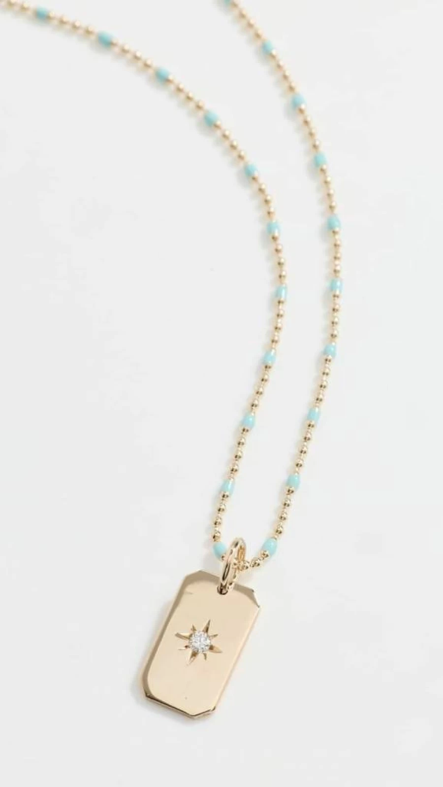 ZOE CHICCO 14K Gold Diamond Star Dog Tag Necklace with Turquoise Enamel Bar and Bead Chain