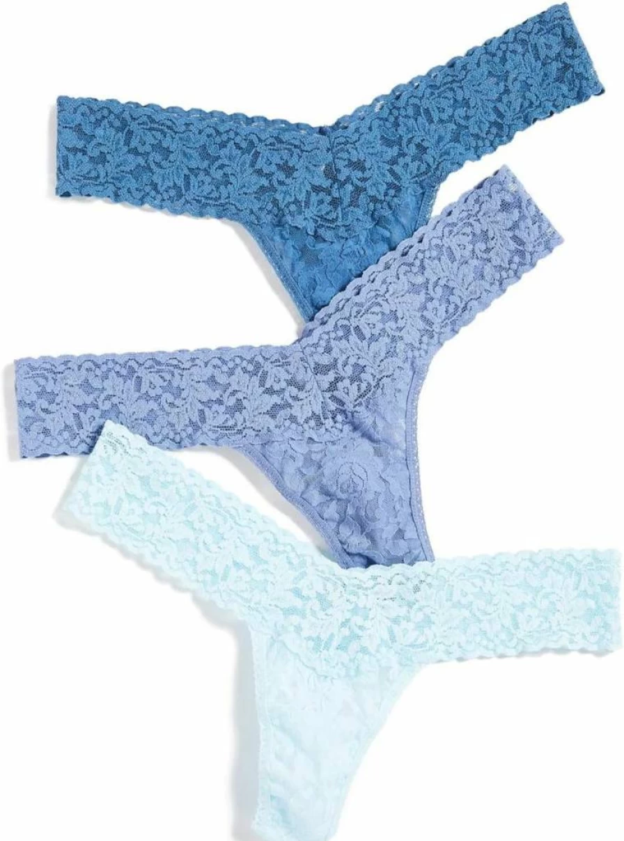Hanky Panky Women's 3-Pack Something Blue Low Rise Thongs - Soft Lace Underwear for Comfort & Style