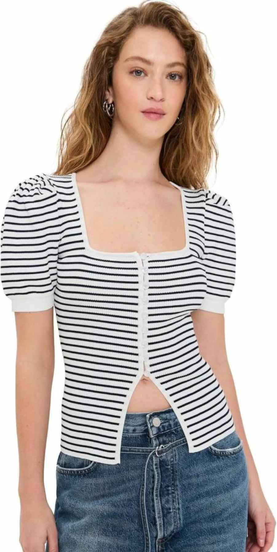 English Factory Women's Striped Square Neck Knit Button-Down Top