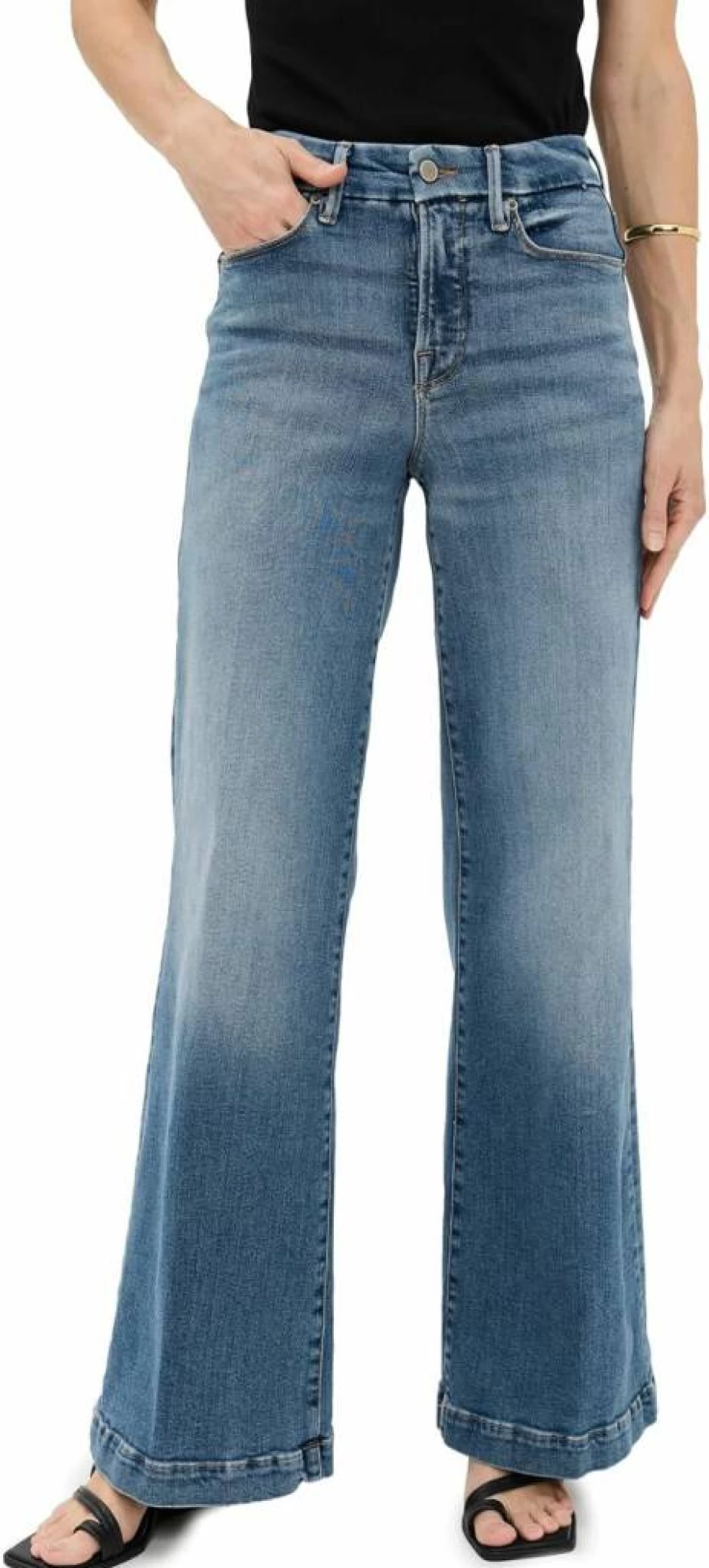 Good American Petite Indigo Palazzo Jeans for Women - Comfort Fit Denim Pants