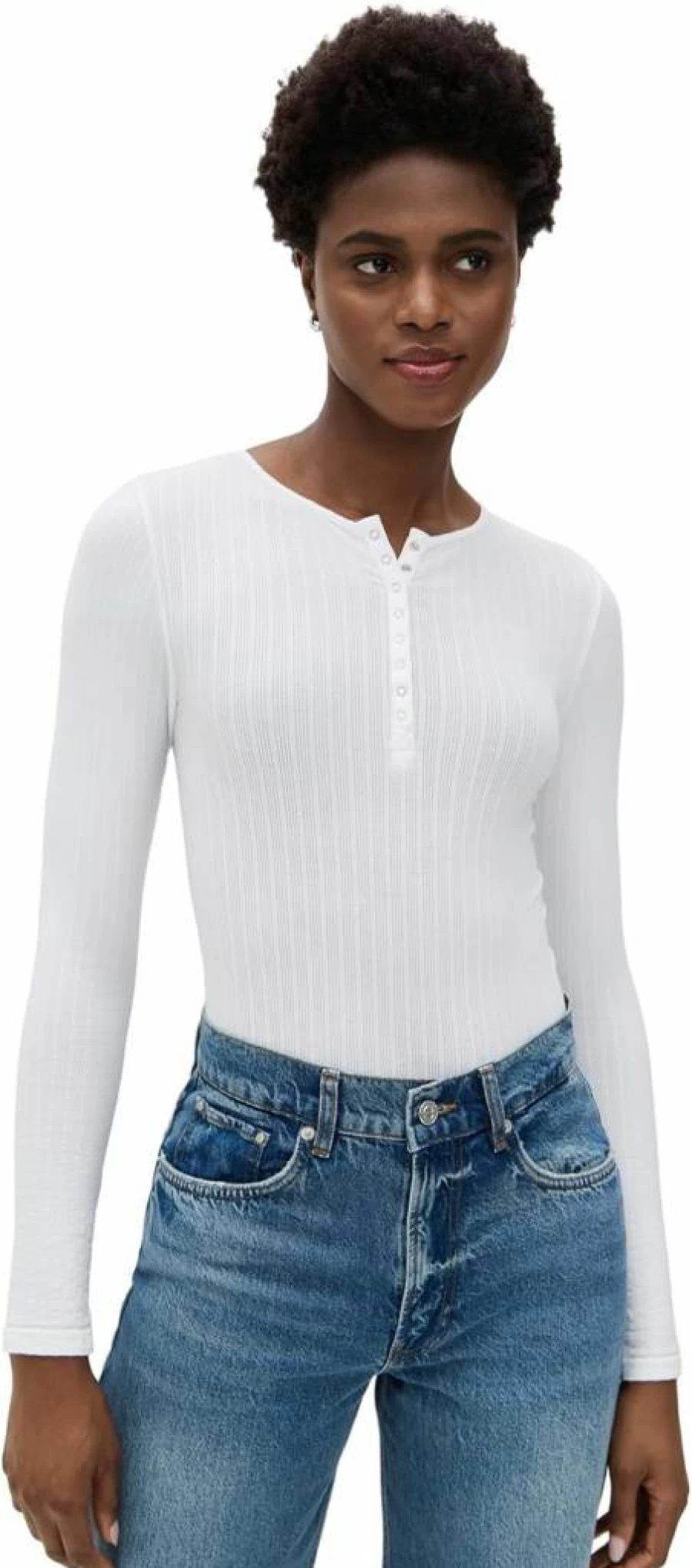 Yummie Women's Seamless Cotton Henley Bodysuit - Long Sleeve Ribbed Style