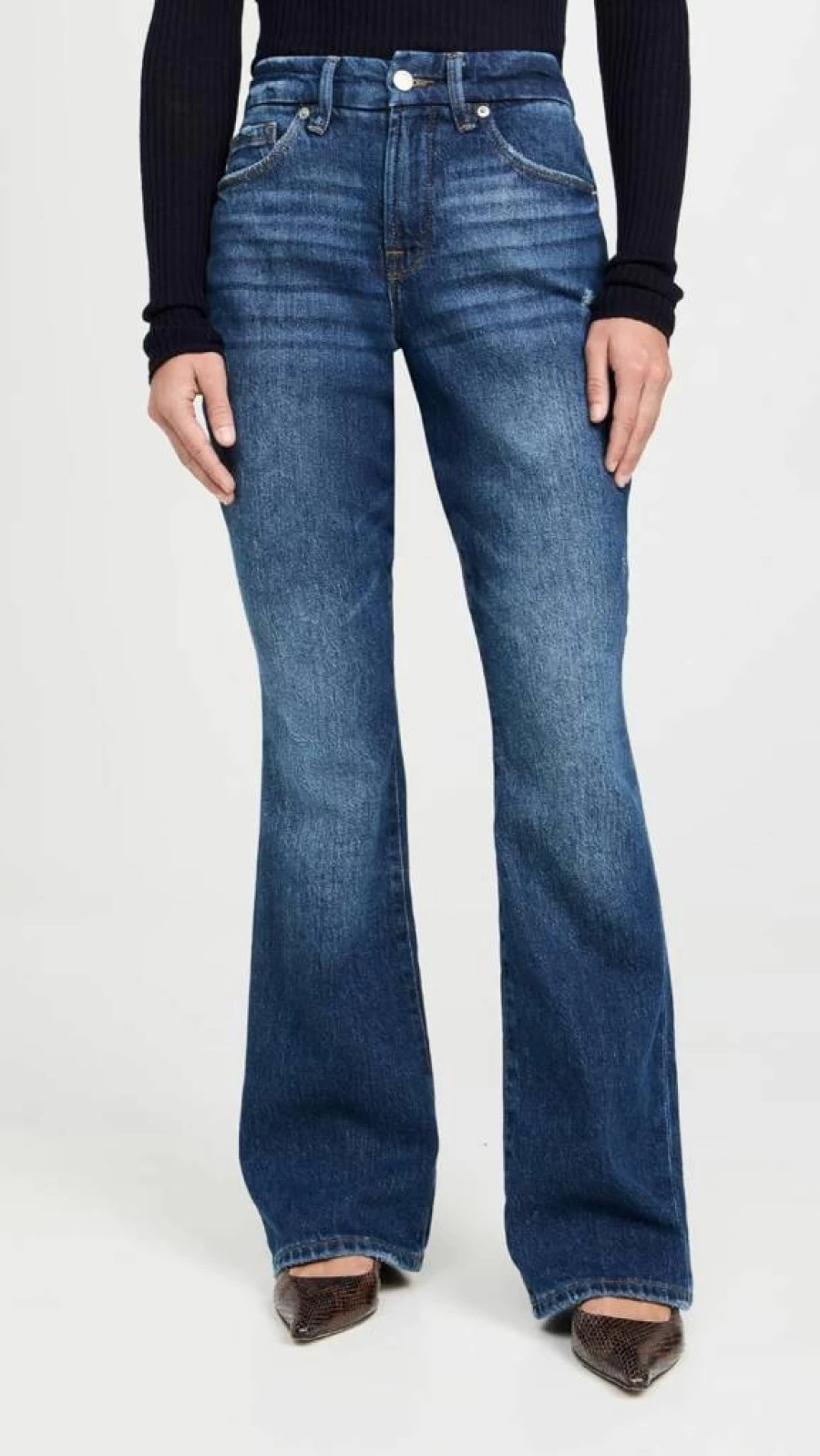 Good American Petite Indigo Bootcut Jeans for Women – Stretch Denim, Mid Rise, Flattering Fit