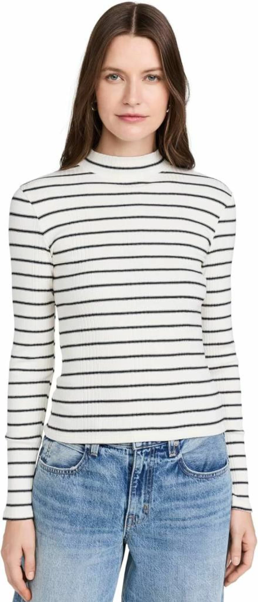 PerfectWhiteTee Women's Ribbed Striped Mock Neck Long Sleeve T-Shirt