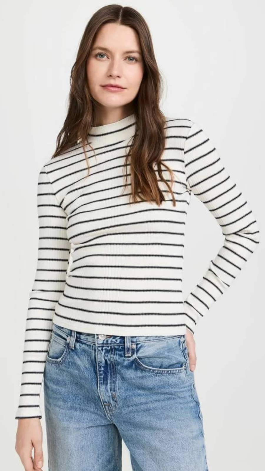 PerfectWhiteTee Women's Ribbed Striped Mock Neck Long Sleeve T-Shirt