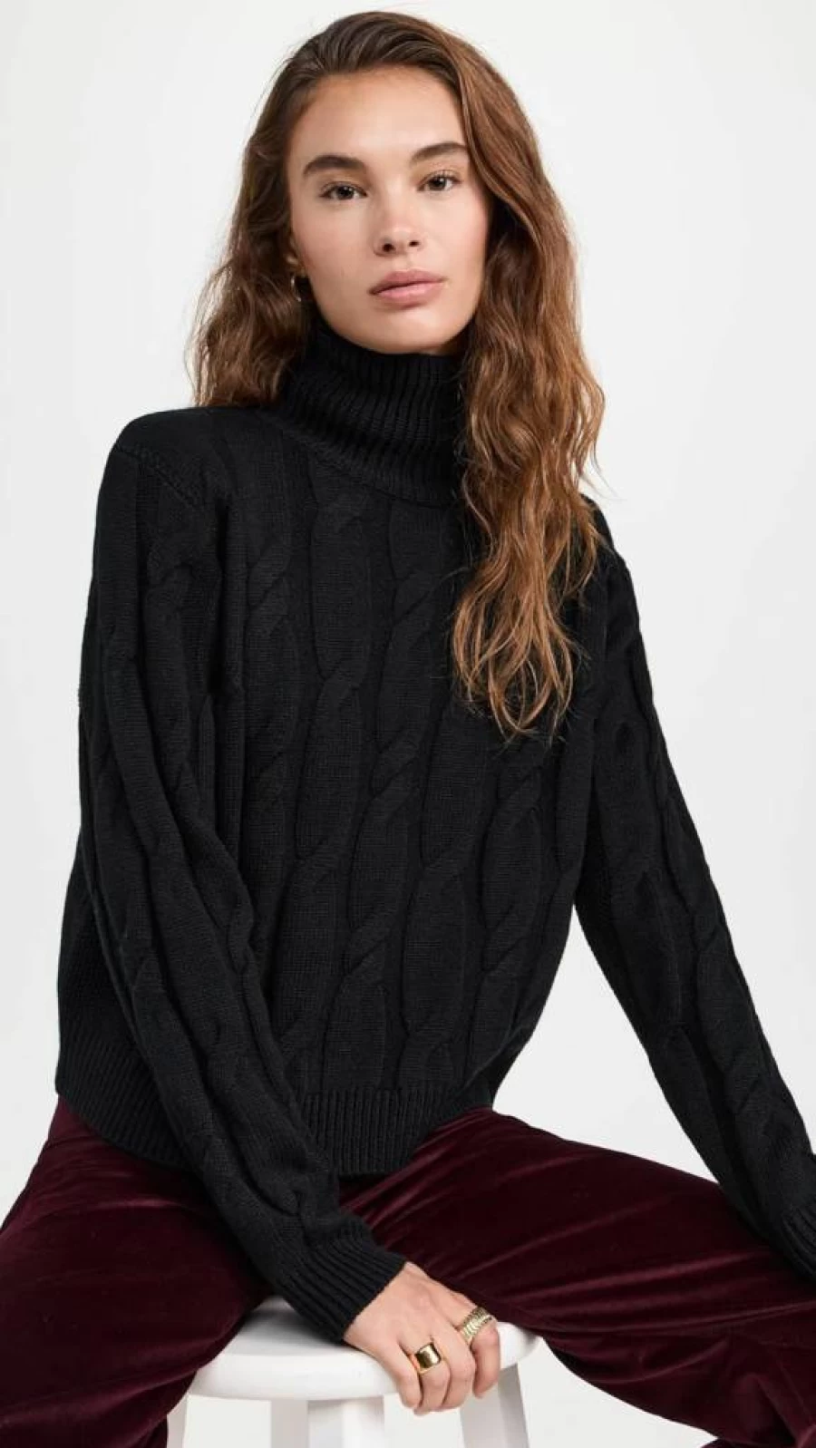 FRAME Women's Cable Knit Turtleneck Sweater - Soft Wool Pullover Winter Top