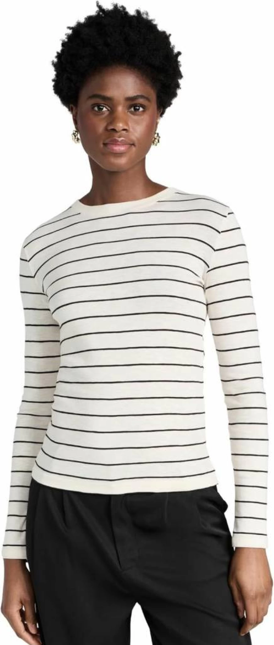 Vince Women's Striped Long Sleeve Cotton Crewneck T-Shirt