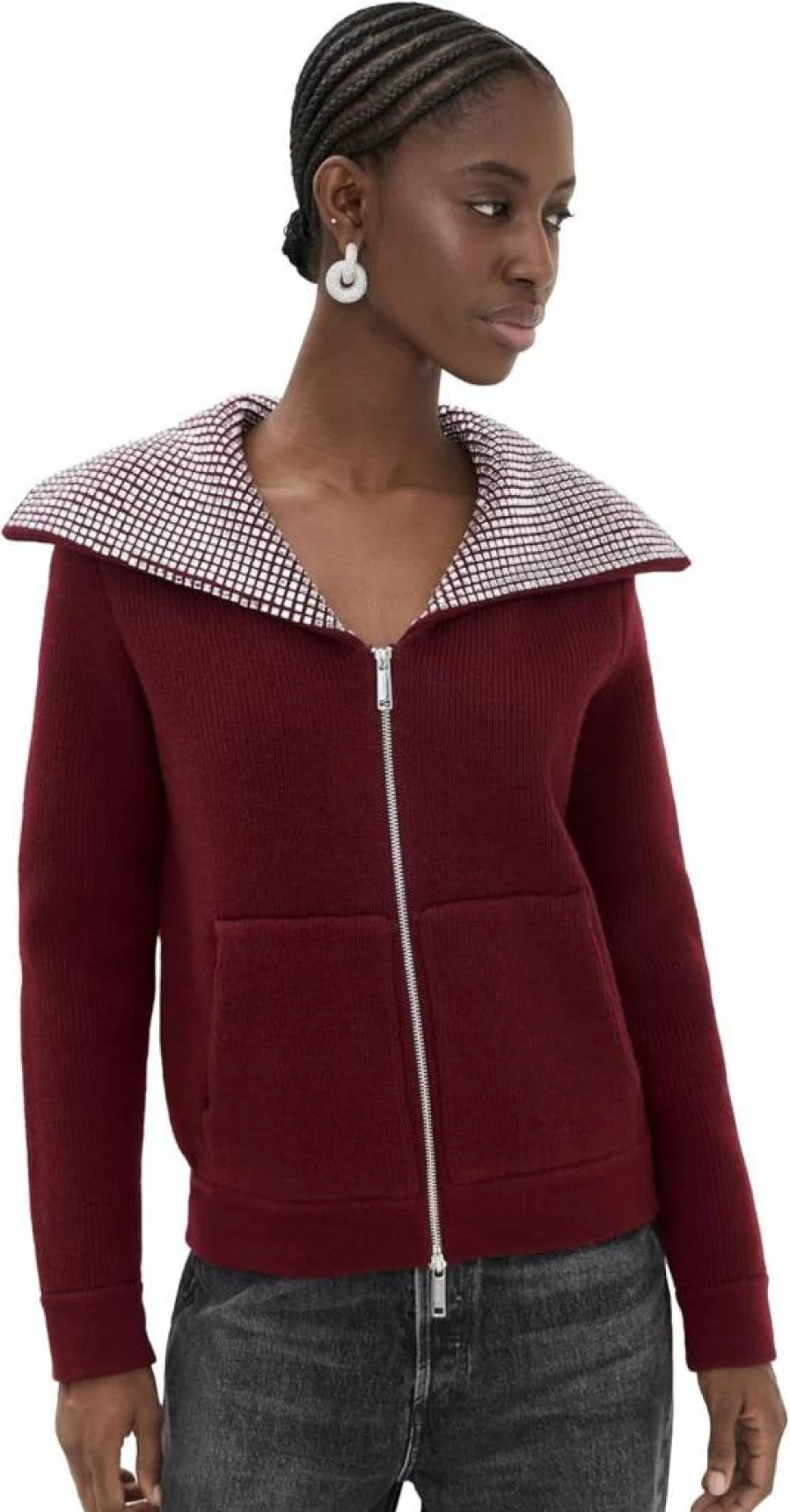 Self Portrait Women's Burgundy Knit Jacket with Diamante Collar - Elegant Feminine Pullover