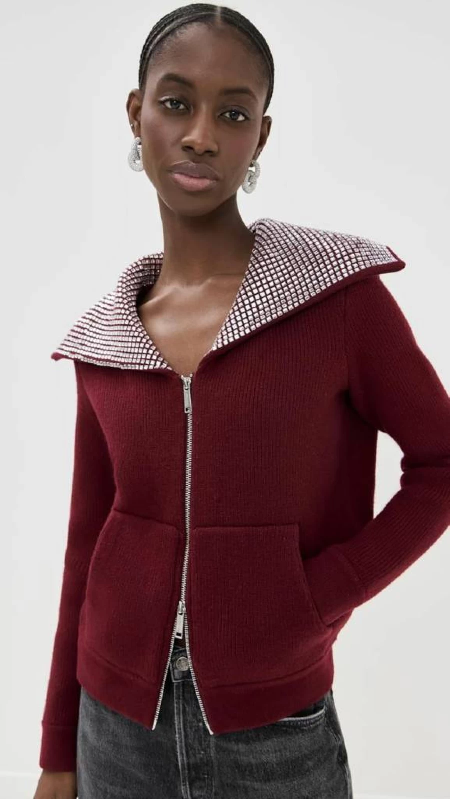 Self Portrait Women's Burgundy Knit Jacket with Diamante Collar - Elegant Feminine Pullover