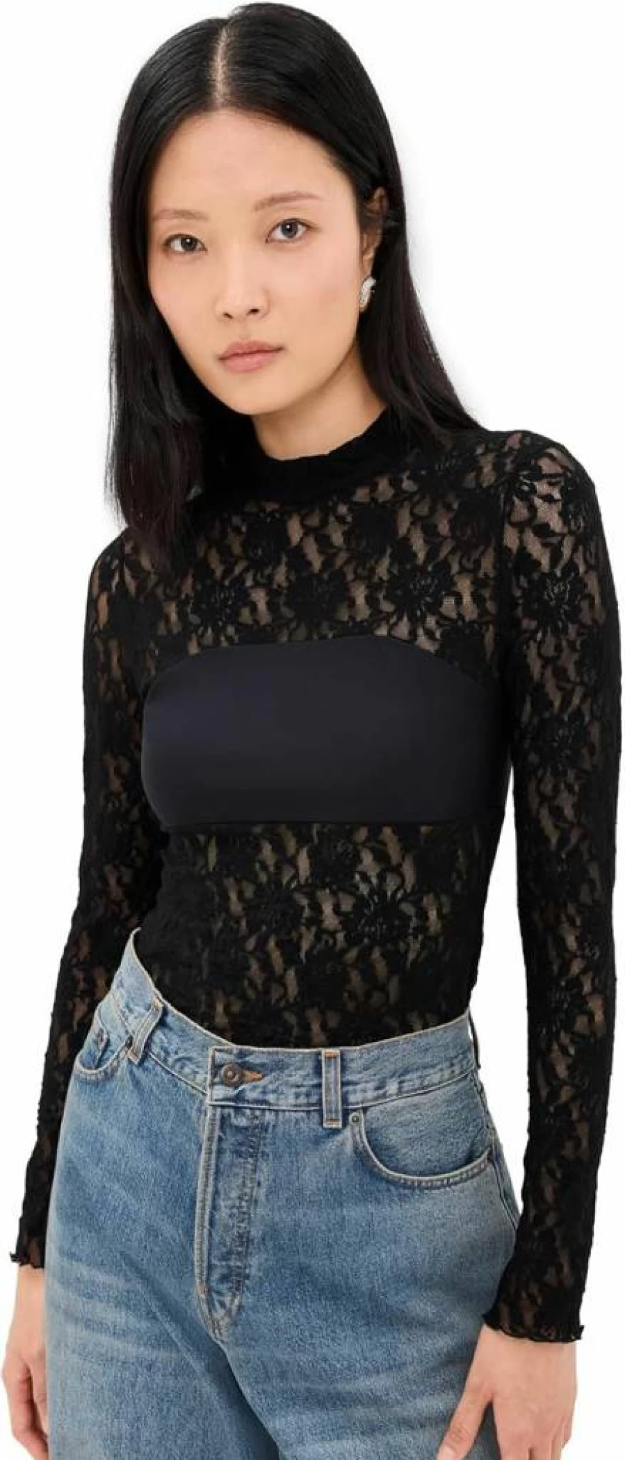 Hanky Panky Women's Signature Lace Mock Neck Long Sleeve Bandeau Top - Elegant Feminine Blouse