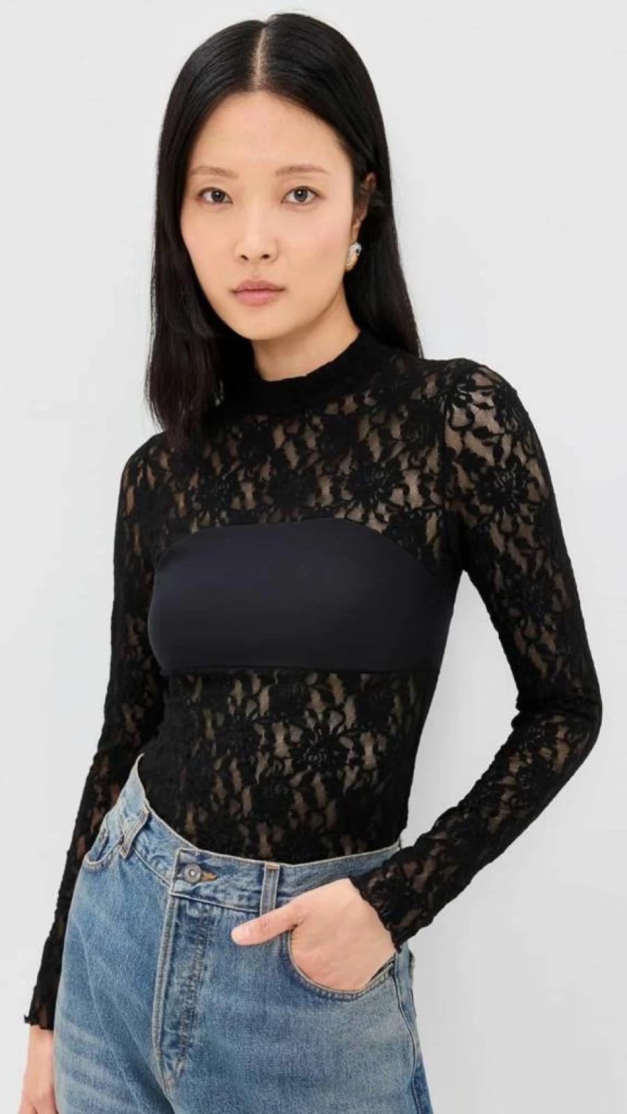 Hanky Panky Women's Signature Lace Mock Neck Long Sleeve Bandeau Top - Elegant Feminine Blouse
