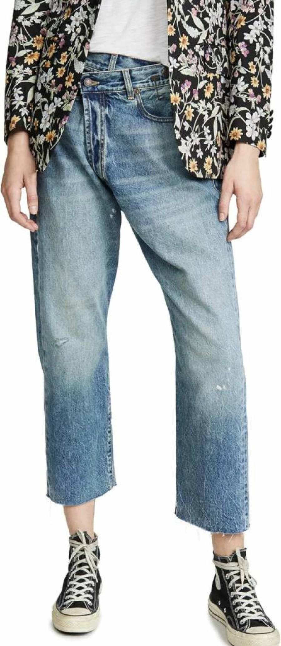 R13 Women's Distressed High-Rise Crossover Denim Jeans - Vintage Blue Slim Fit Stretch Skinny Jeans