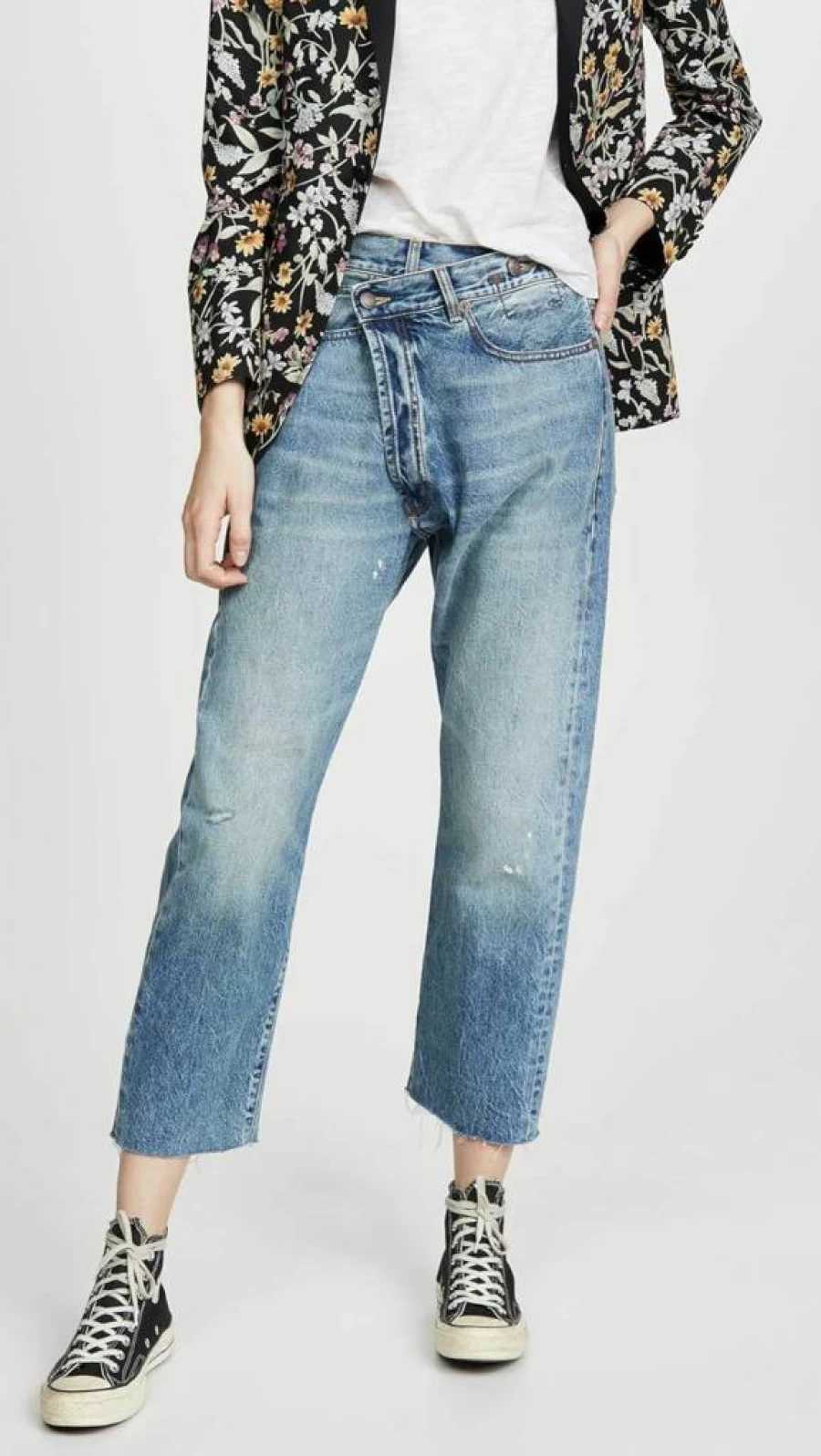 R13 Women's Distressed High-Rise Crossover Denim Jeans - Vintage Blue Slim Fit Stretch Skinny Jeans