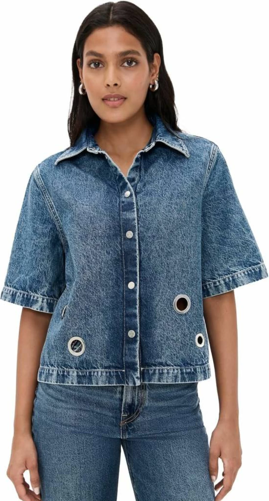 Closed Women's Vintage Short Sleeve Denim Shirt - Classic Fit Distressed Wash Button-Up Top