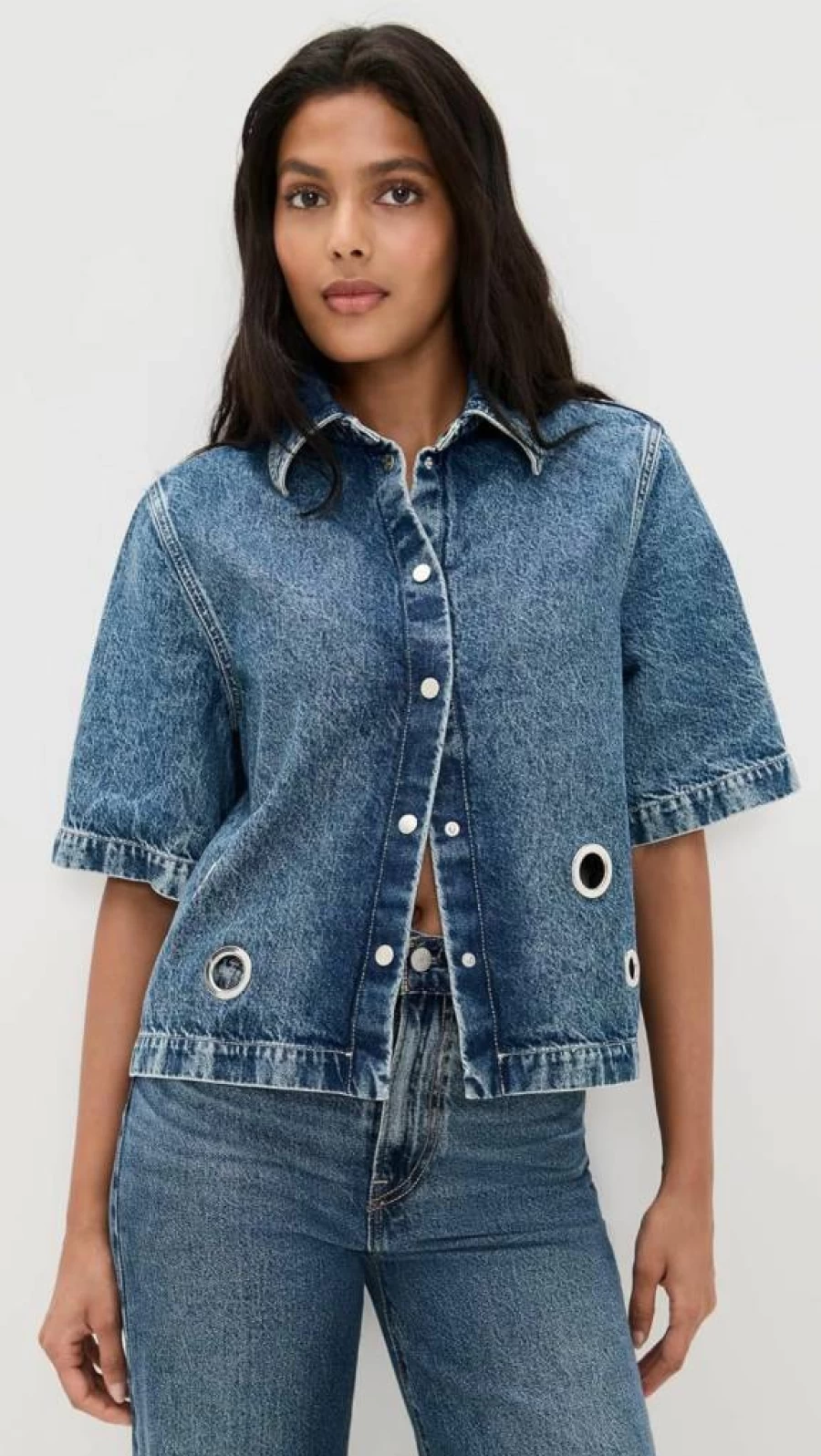 Closed Women's Vintage Short Sleeve Denim Shirt - Classic Fit Distressed Wash Button-Up Top