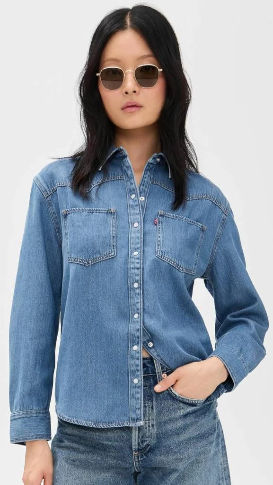 Levi's Women's Teodora Western Denim Shirt - Classic Plaid Long Sleeve Button-Up Top