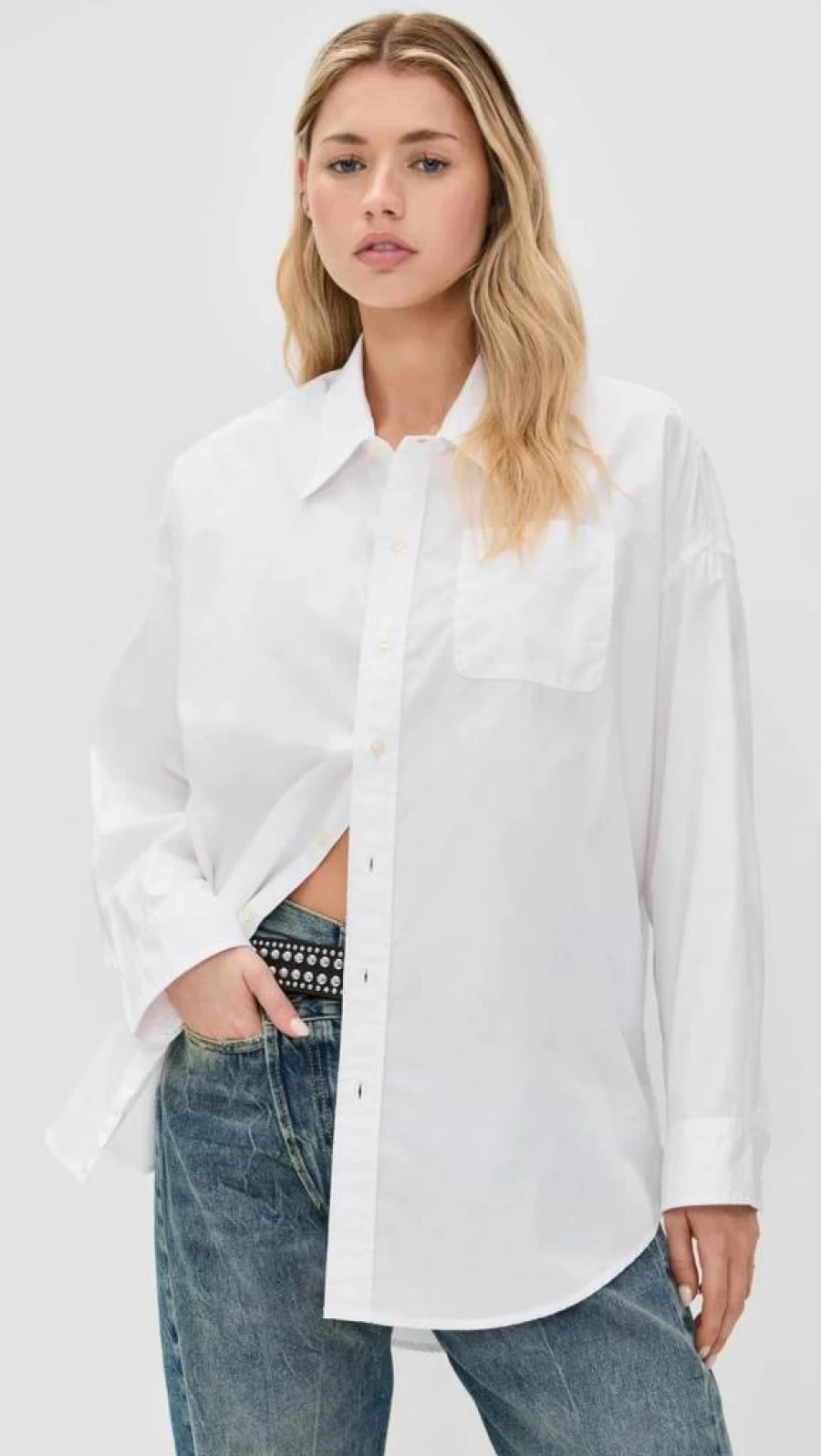 R13 Women's Distressed Drop Neck Oxford Shirt - Vintage Inspired Button Down Top